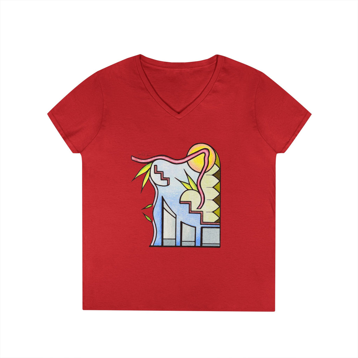 Woman's Premium Short Sleeve V-Neck Wearable Art | Sunrise Cityscape