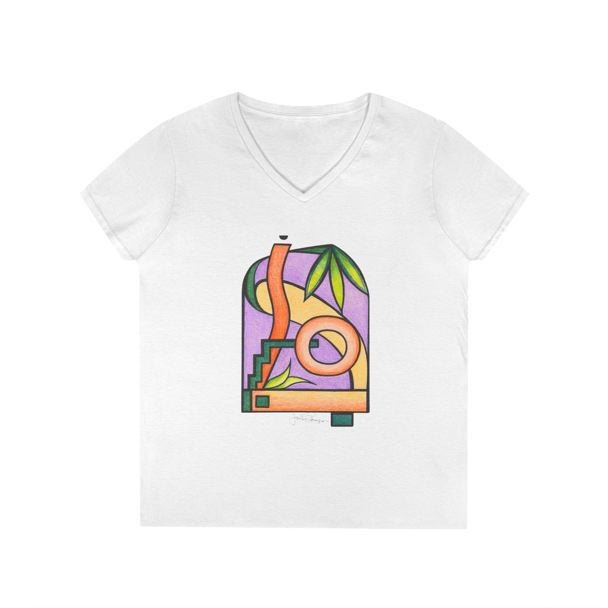 Woman's Premium Short Sleeve V-Neck Wearable Art | Colorful Geometric Palm Design