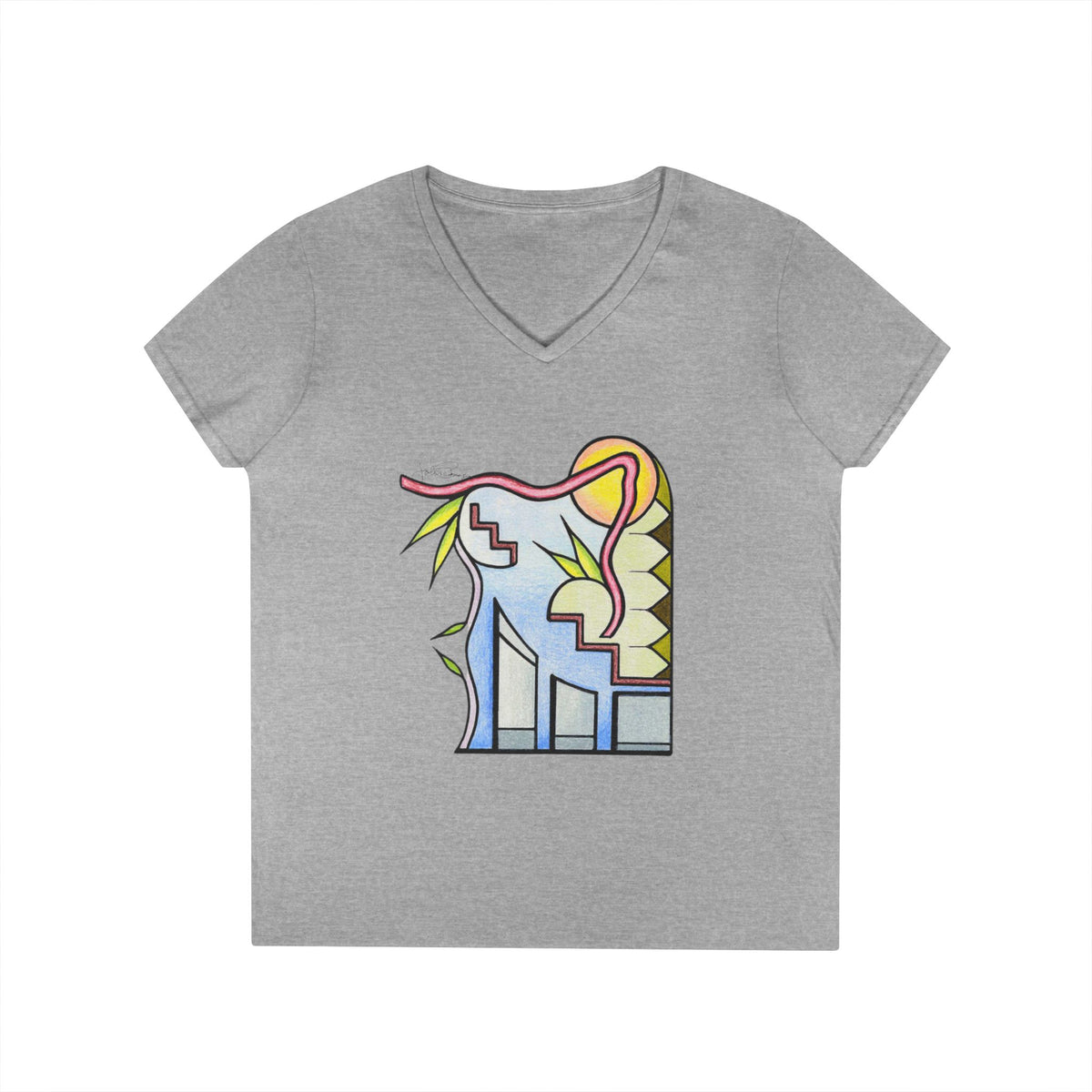 Woman's Premium Short Sleeve V-Neck Wearable Art | Sunrise Cityscape