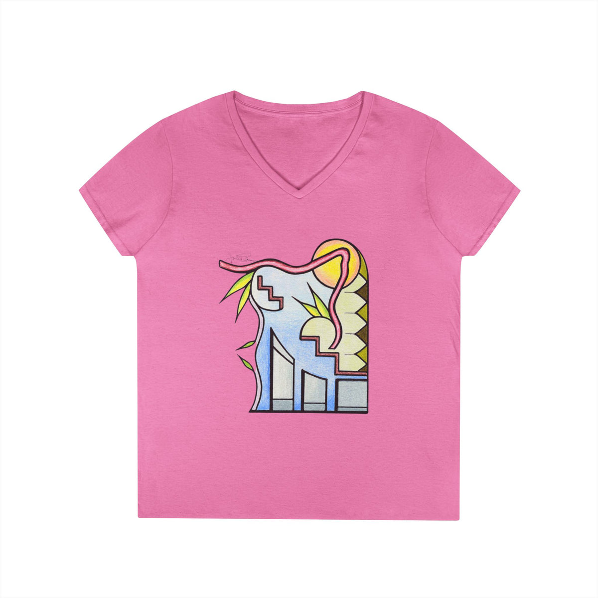 Woman's Premium Short Sleeve V-Neck Wearable Art | Sunrise Cityscape