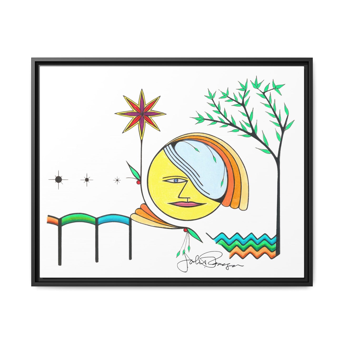 Framed Matte Canvas Art – Colorful Abstract Sun & Star Illustration