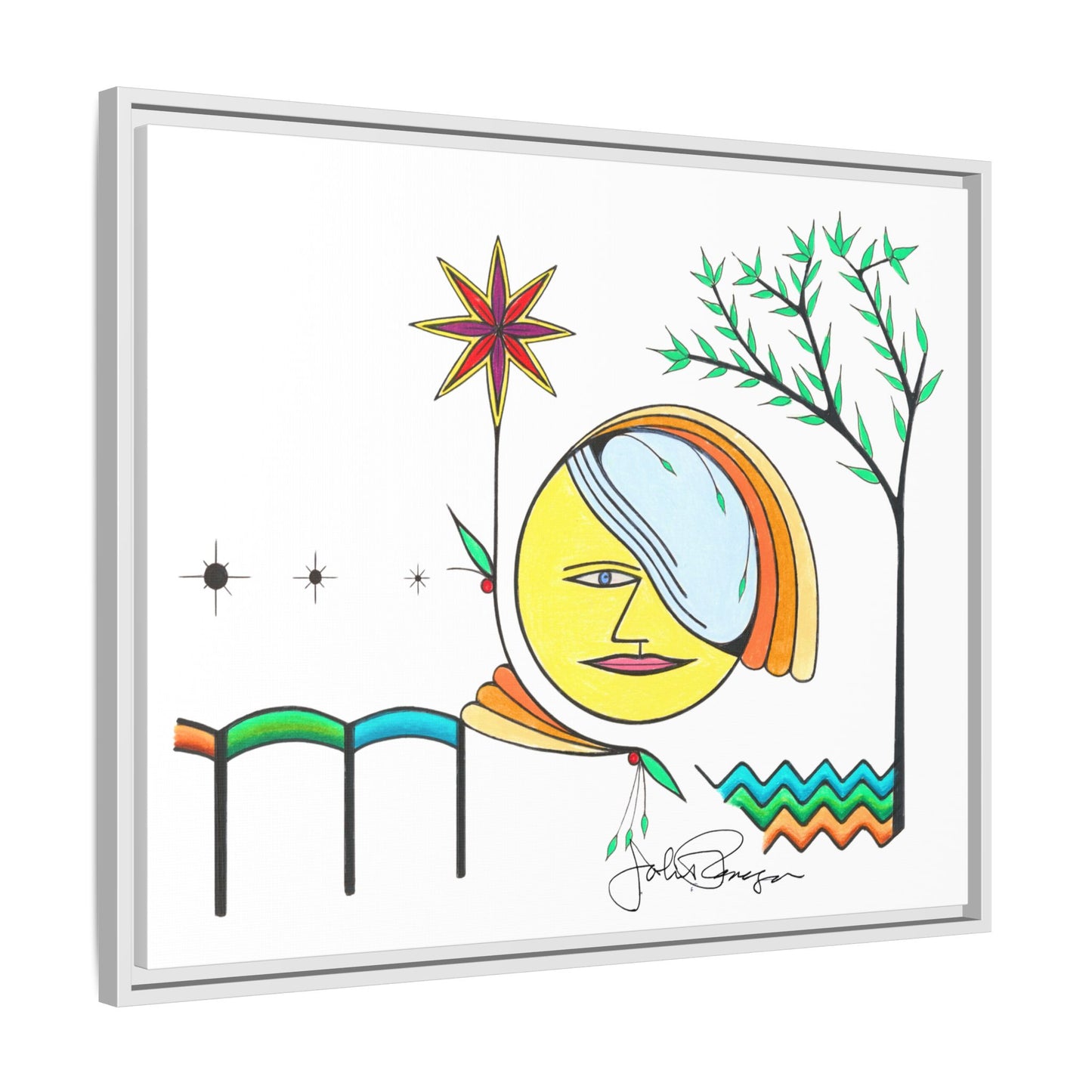 Framed Matte Canvas Art – Colorful Abstract Sun & Star Illustration
