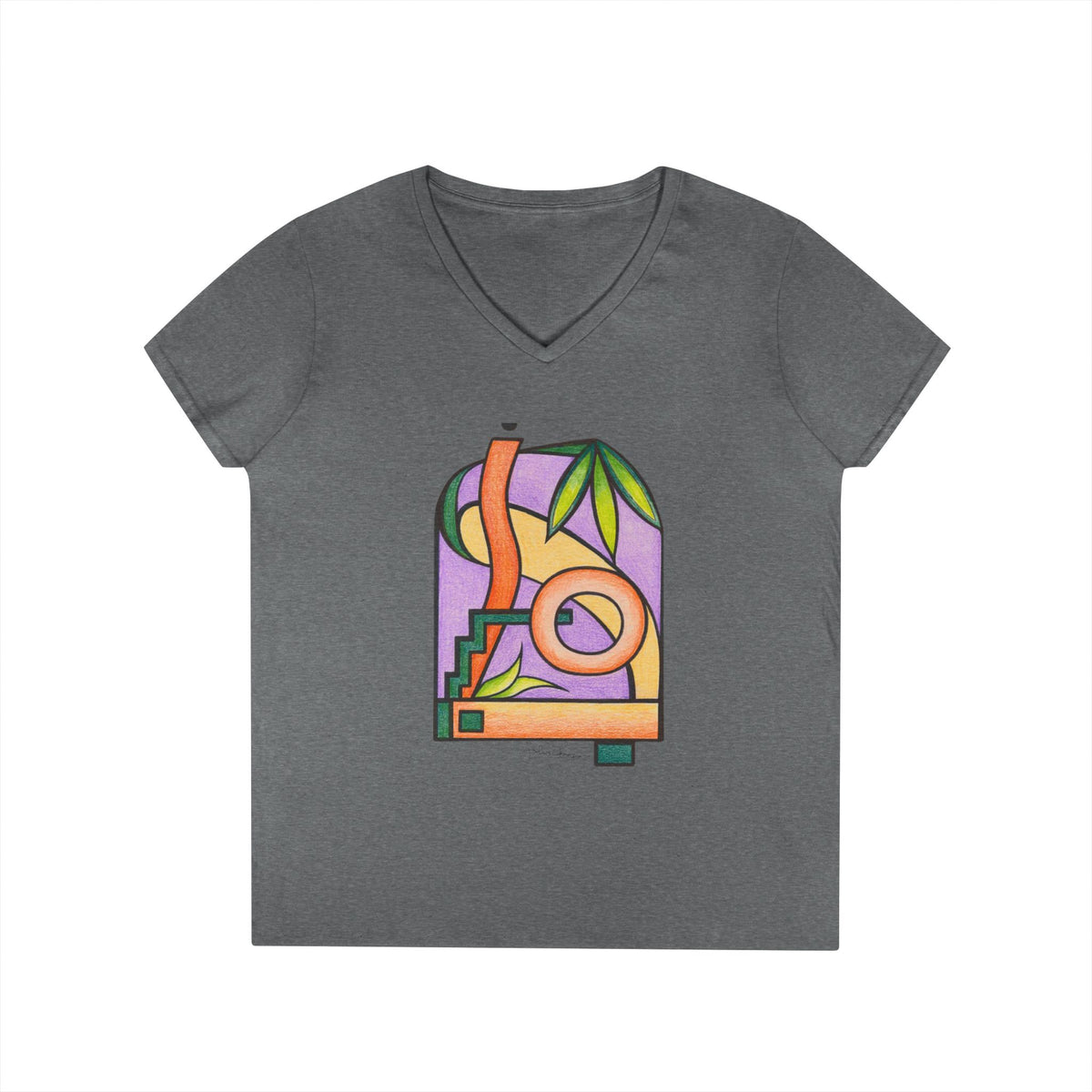 Woman's Premium Short Sleeve V-Neck Wearable Art | Colorful Geometric Palm Design