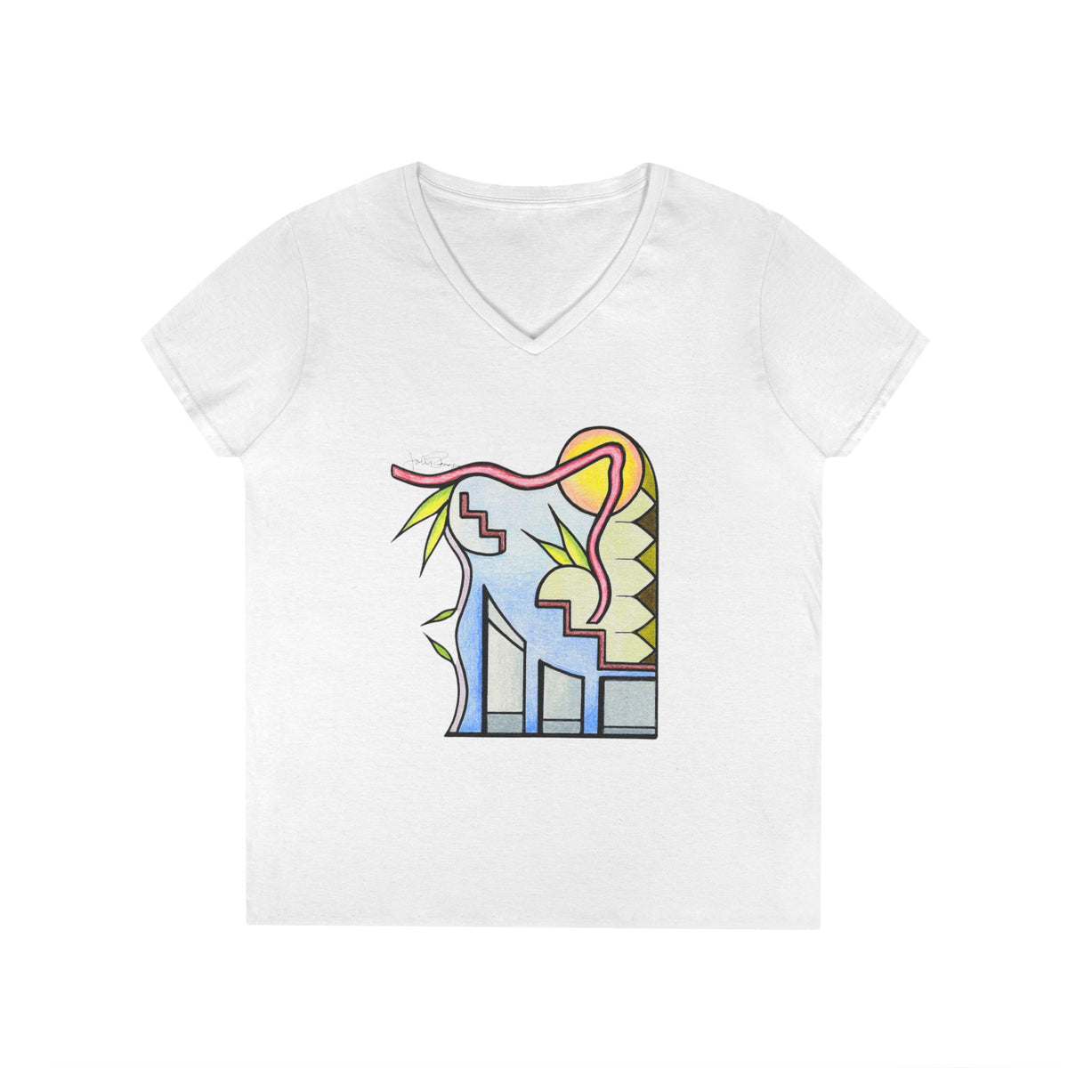 Woman's Premium Short Sleeve V-Neck Wearable Art | Sunrise Cityscape