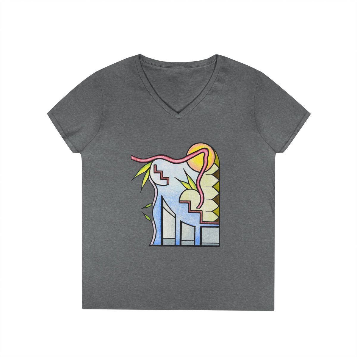 Woman's Premium Short Sleeve V-Neck Wearable Art | Sunrise Cityscape