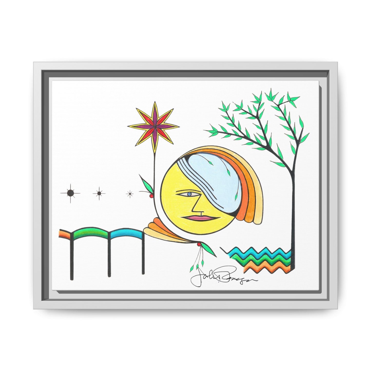 Framed Matte Canvas Art – Colorful Abstract Sun & Star Illustration