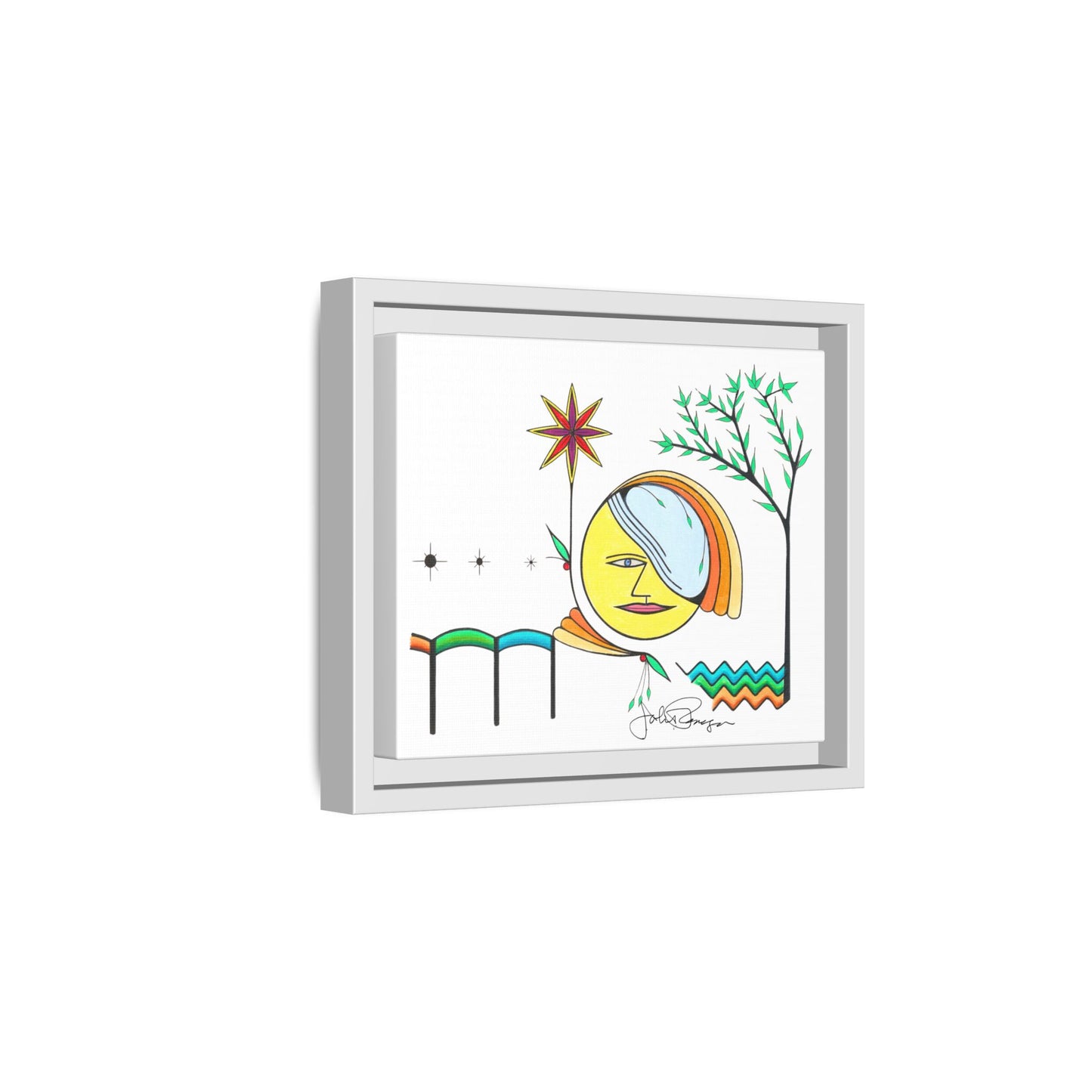 Framed Matte Canvas Art – Colorful Abstract Sun & Star Illustration