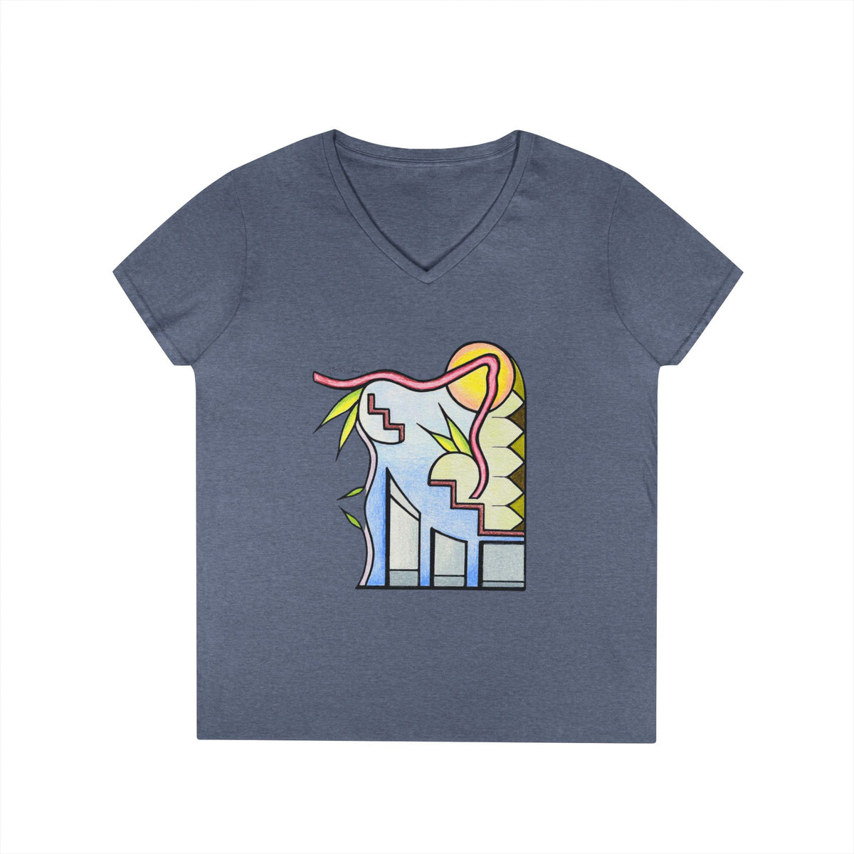 Woman's Premium Short Sleeve V-Neck Wearable Art | Sunrise Cityscape