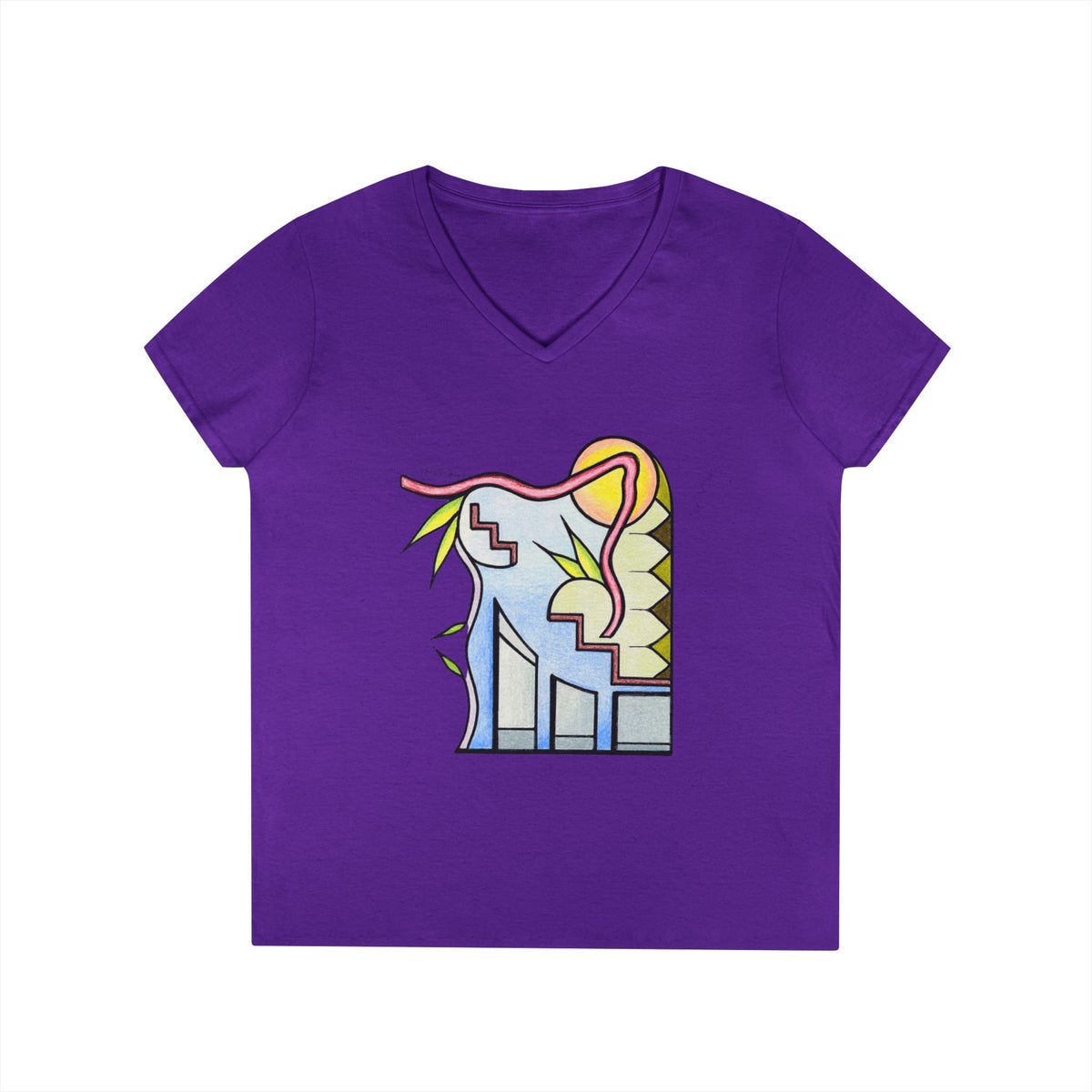 Woman's Premium Short Sleeve V-Neck Wearable Art | Sunrise Cityscape