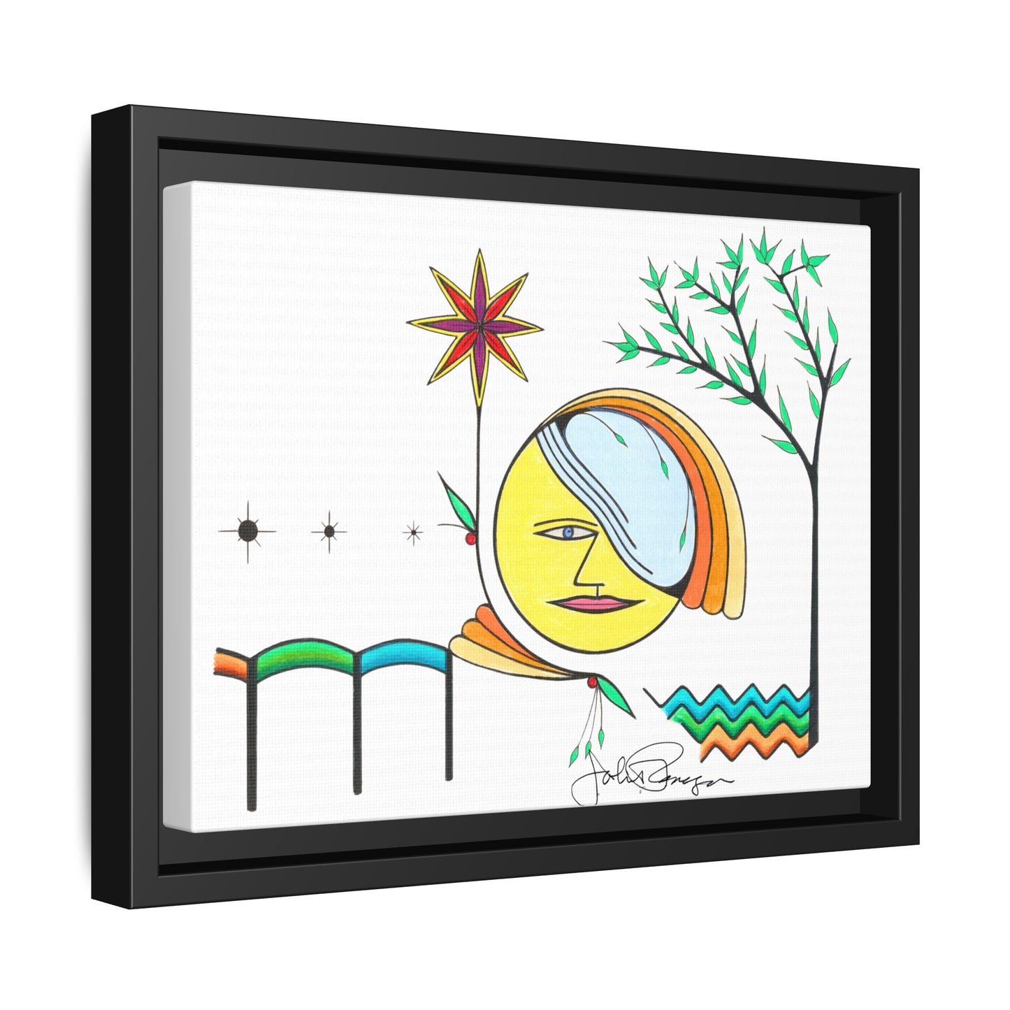 Framed Matte Canvas Art – Colorful Abstract Sun & Star Illustration