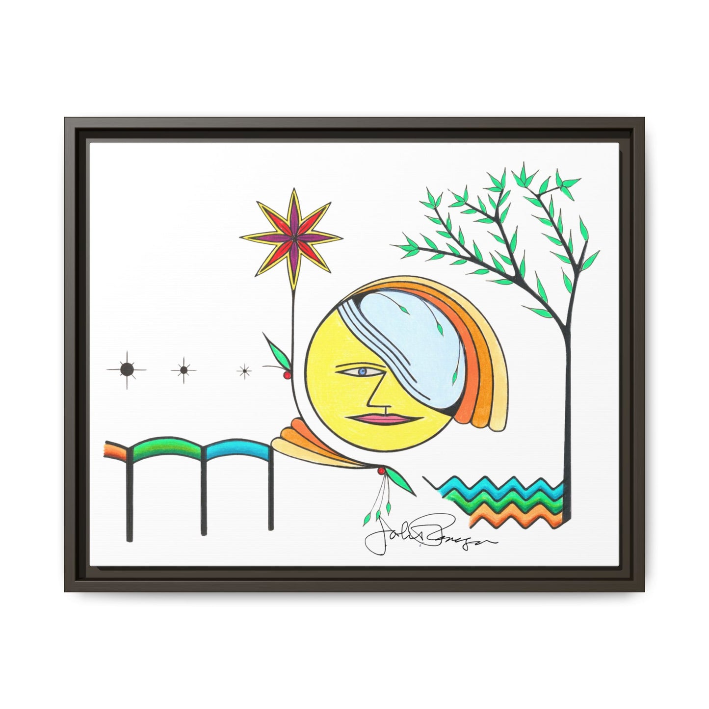 Framed Matte Canvas Art – Colorful Abstract Sun & Star Illustration