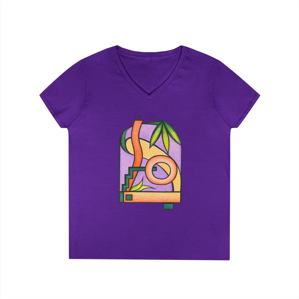 Woman's Premium Short Sleeve V-Neck Wearable Art | Colorful Geometric Palm Design