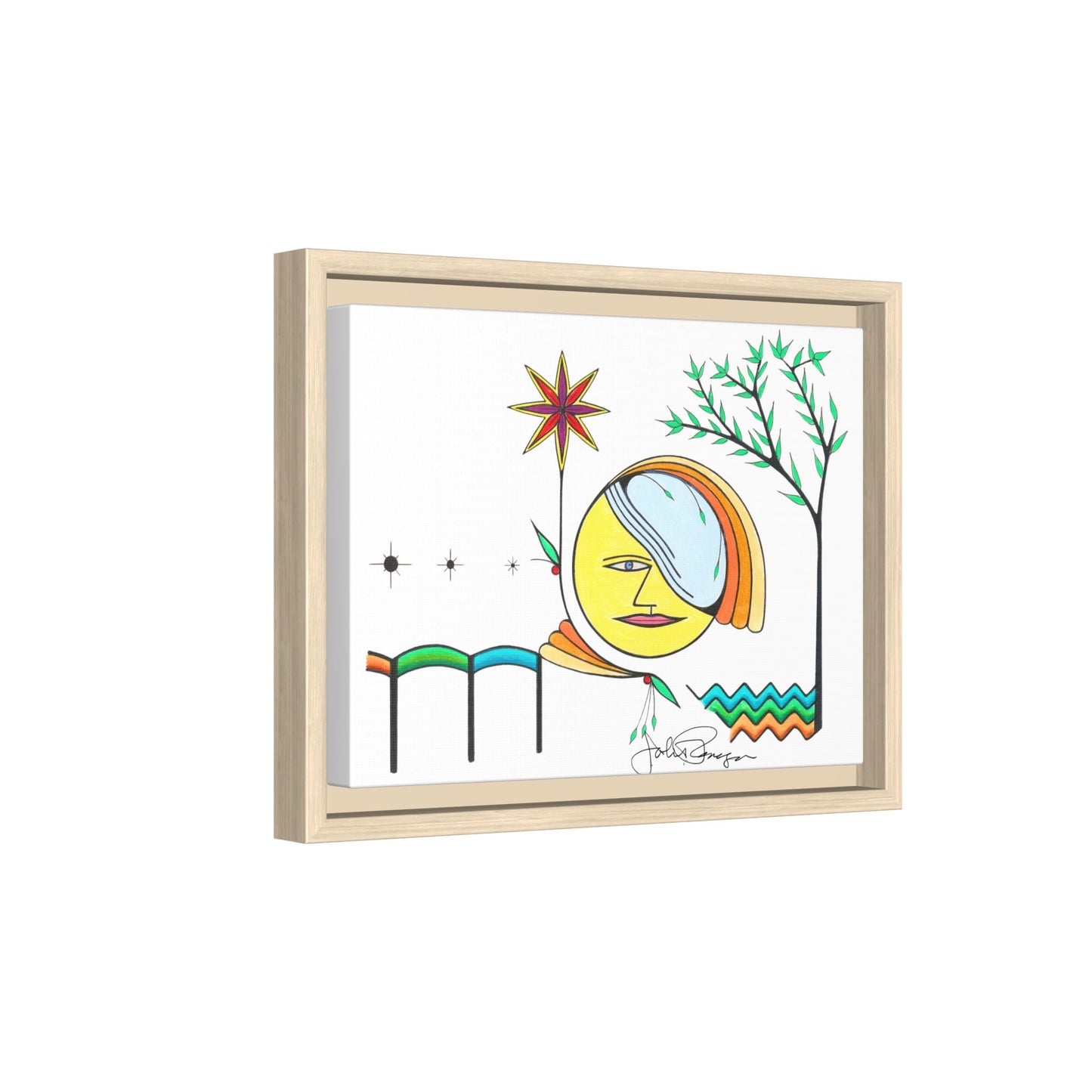 Framed Matte Canvas Art – Colorful Abstract Sun & Star Illustration