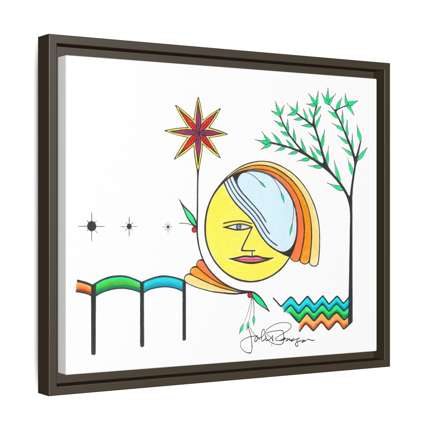 Framed Matte Canvas Art – Colorful Abstract Sun & Star Illustration