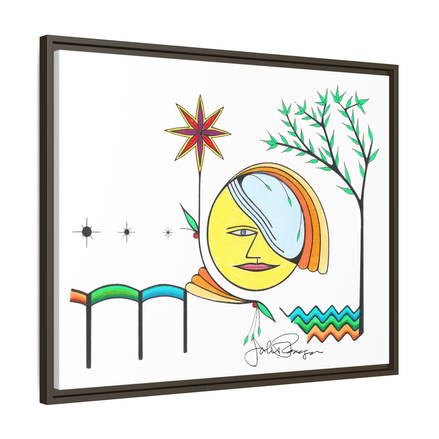 Framed Matte Canvas Art – Colorful Abstract Sun & Star Illustration