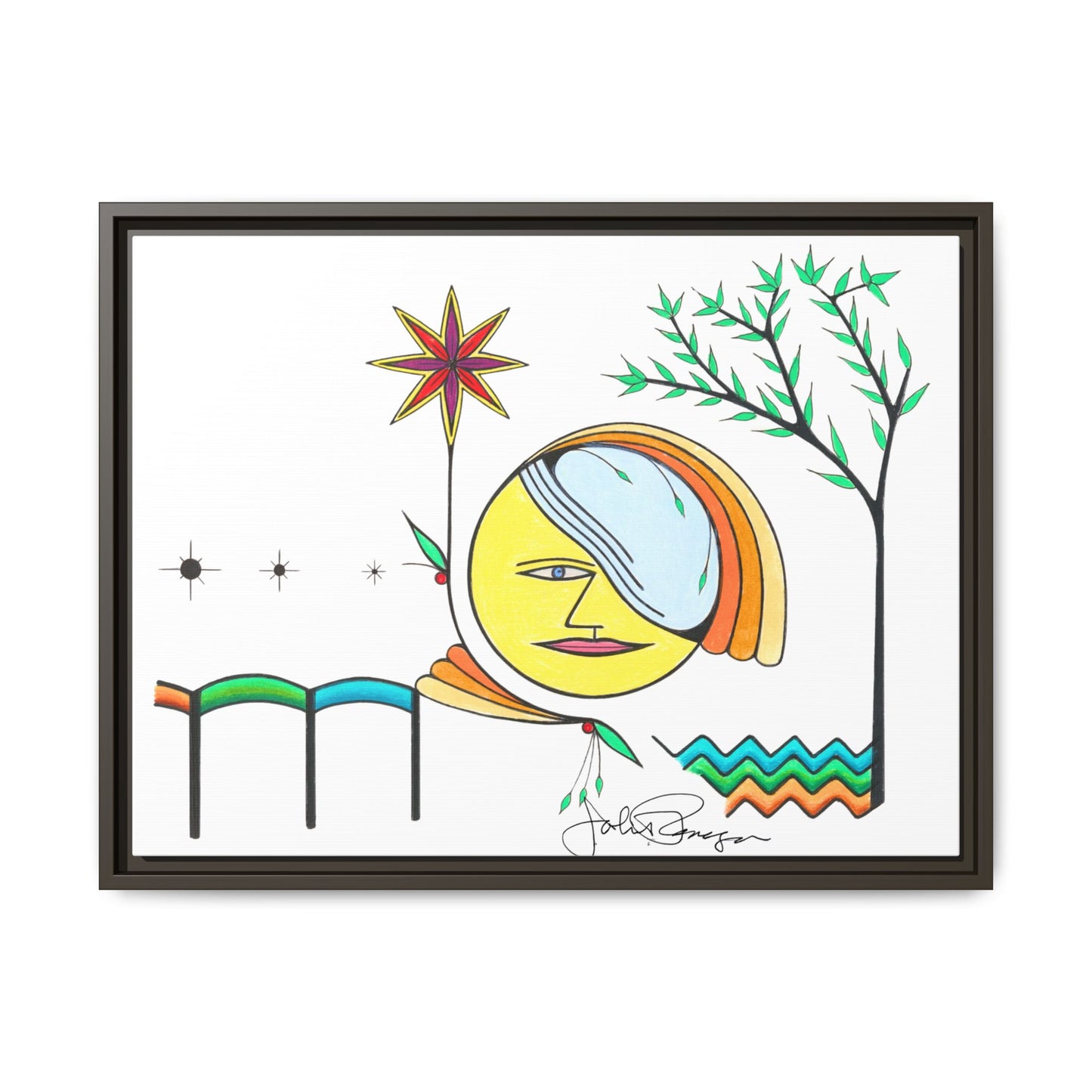 Framed Matte Canvas Art – Colorful Abstract Sun & Star Illustration