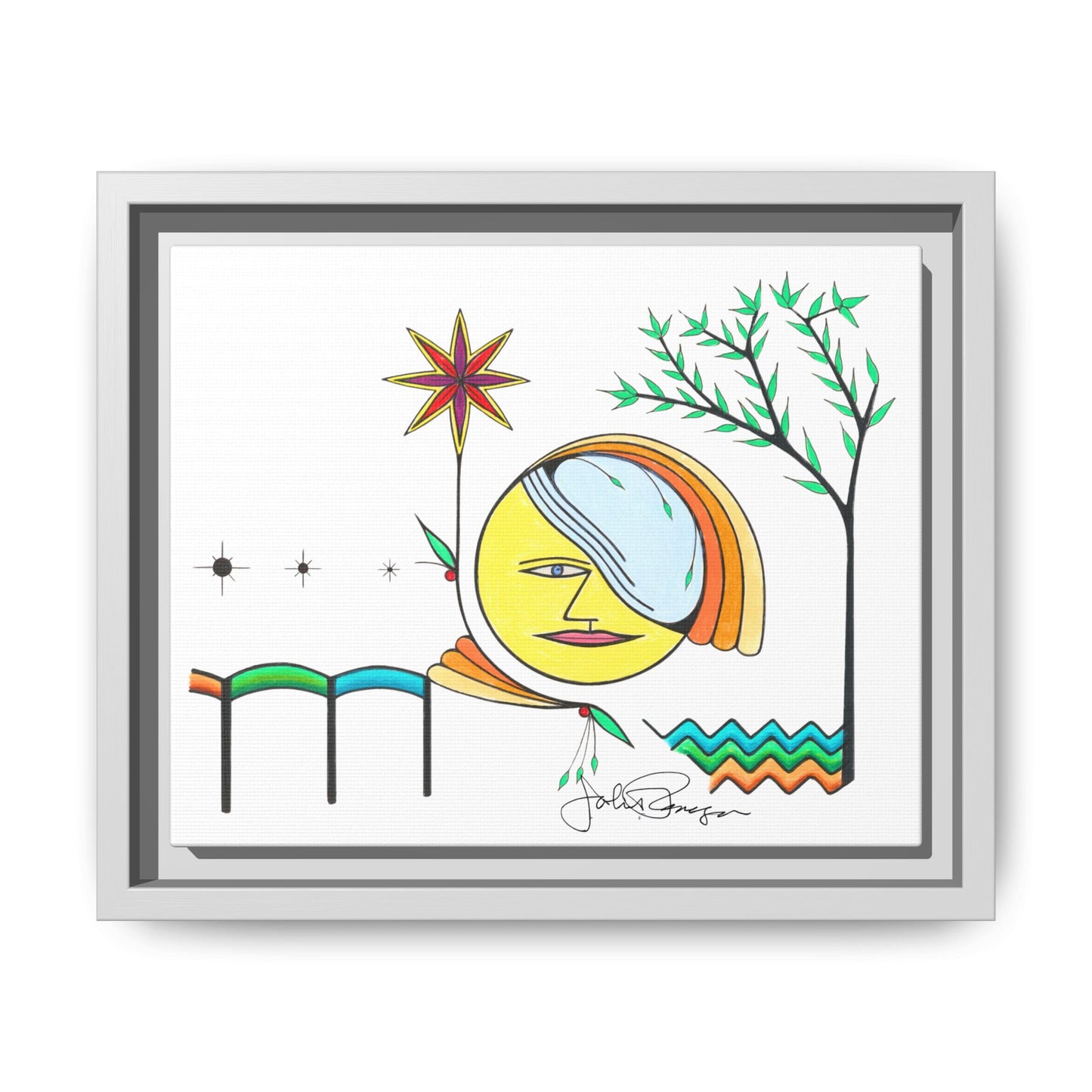 Framed Matte Canvas Art – Colorful Abstract Sun & Star Illustration