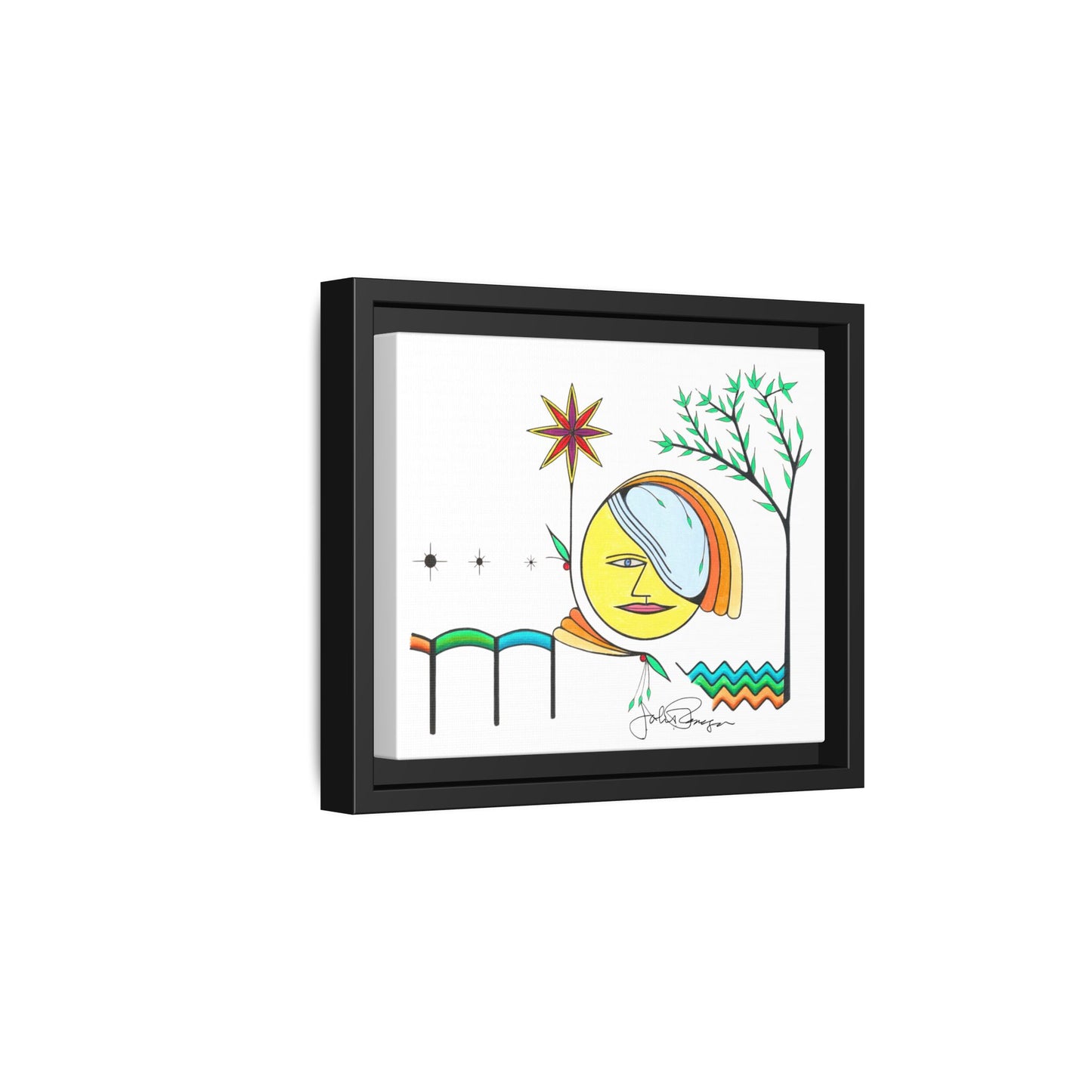 Framed Matte Canvas Art – Colorful Abstract Sun & Star Illustration