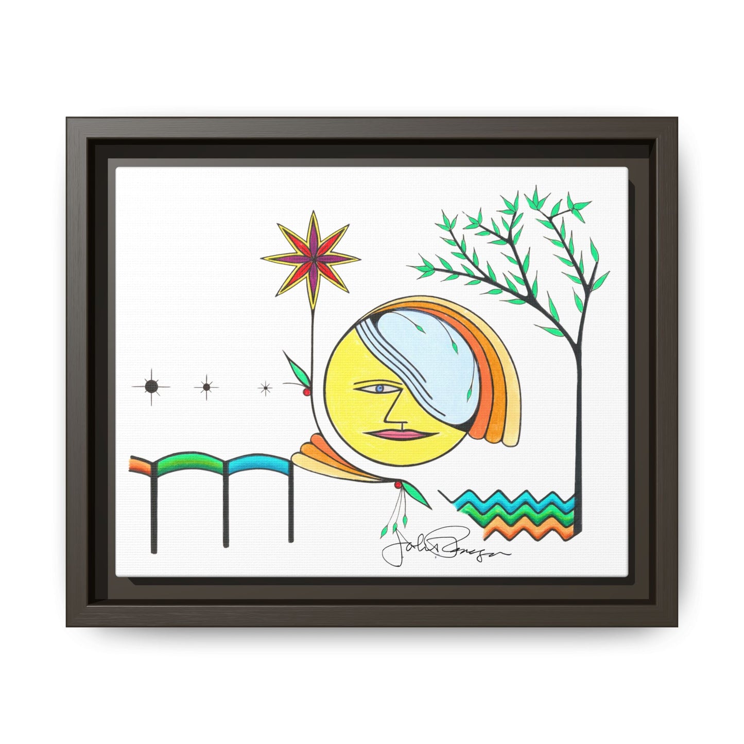 Framed Matte Canvas Art – Colorful Abstract Sun & Star Illustration