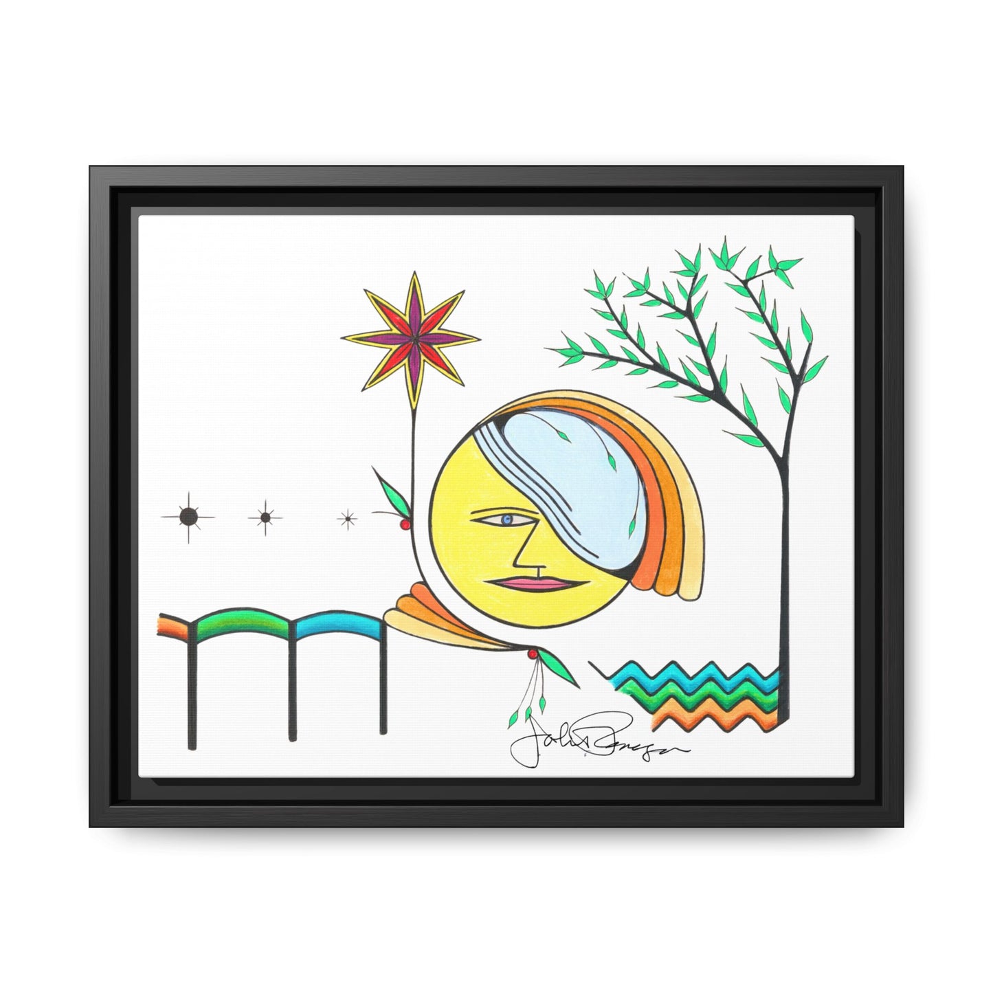 Framed Matte Canvas Art – Colorful Abstract Sun & Star Illustration