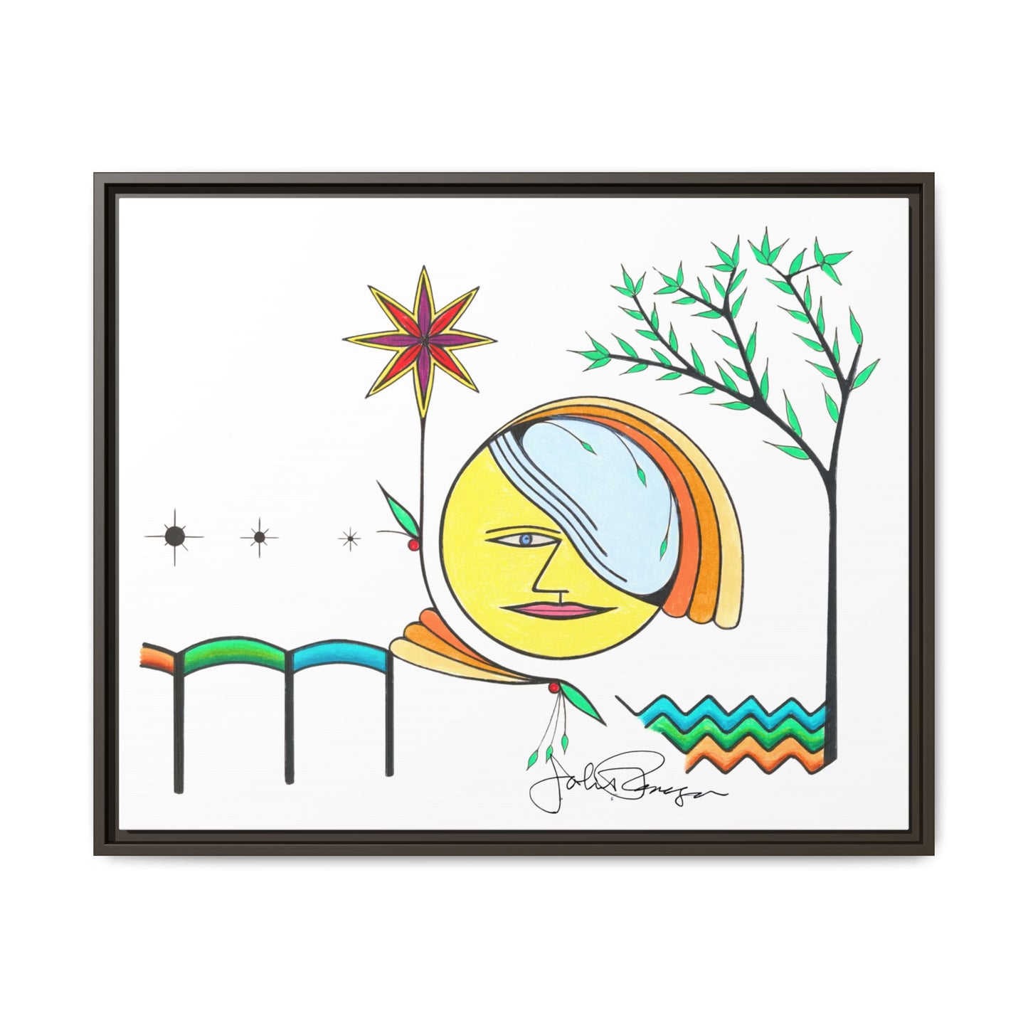 Framed Matte Canvas Art – Colorful Abstract Sun & Star Illustration