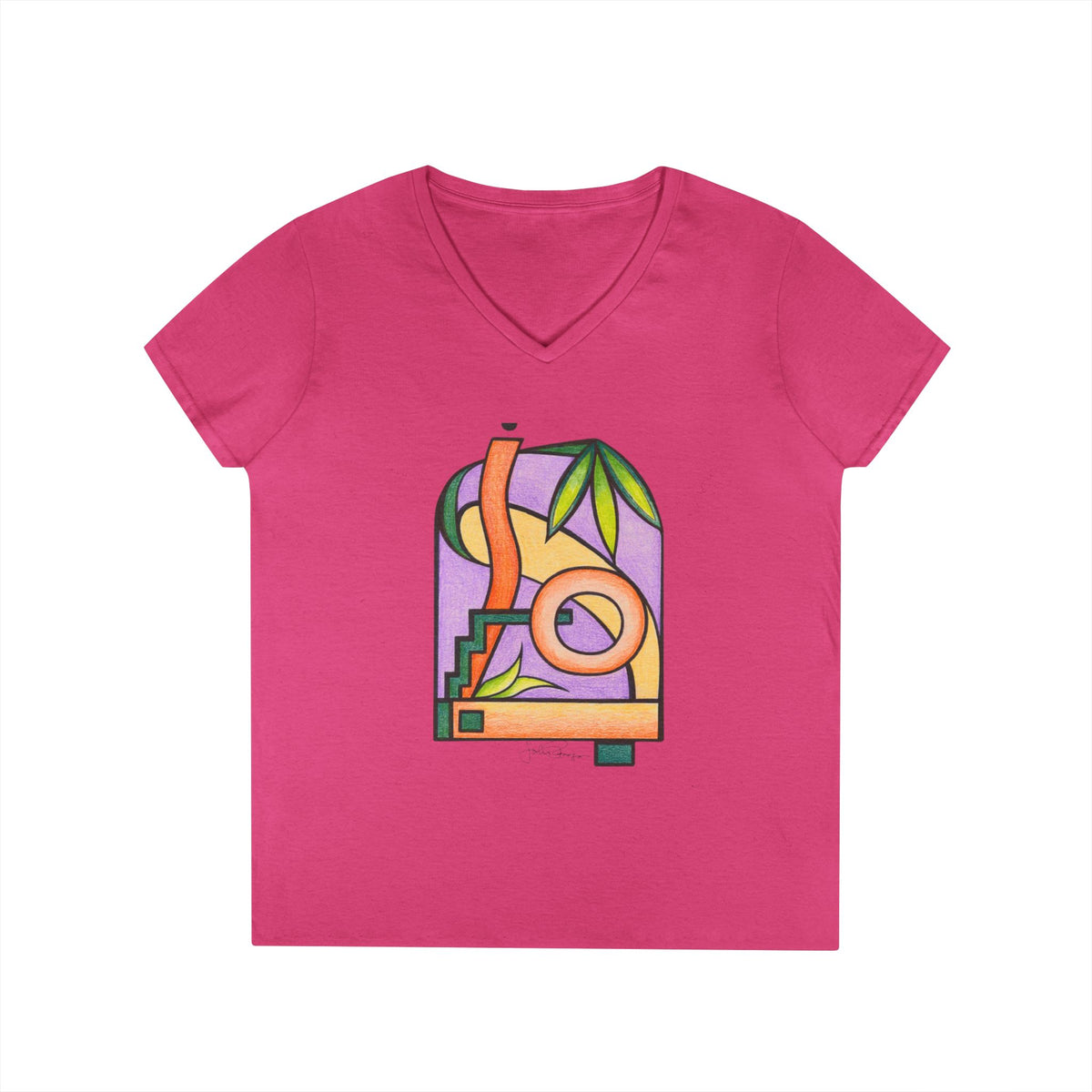 Woman's Premium Short Sleeve V-Neck Wearable Art | Colorful Geometric Palm Design