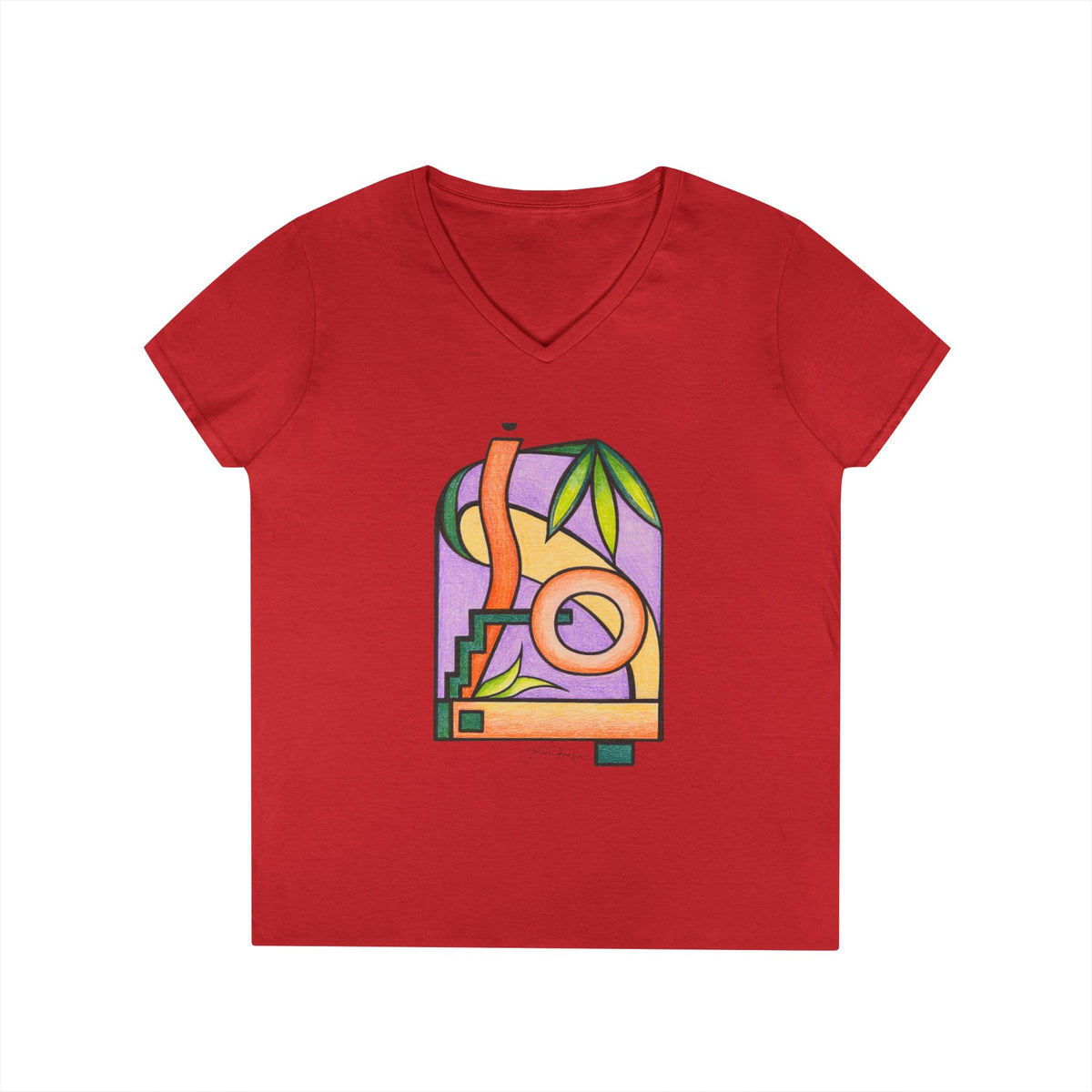 Woman's Premium Short Sleeve V-Neck Wearable Art | Colorful Geometric Palm Design