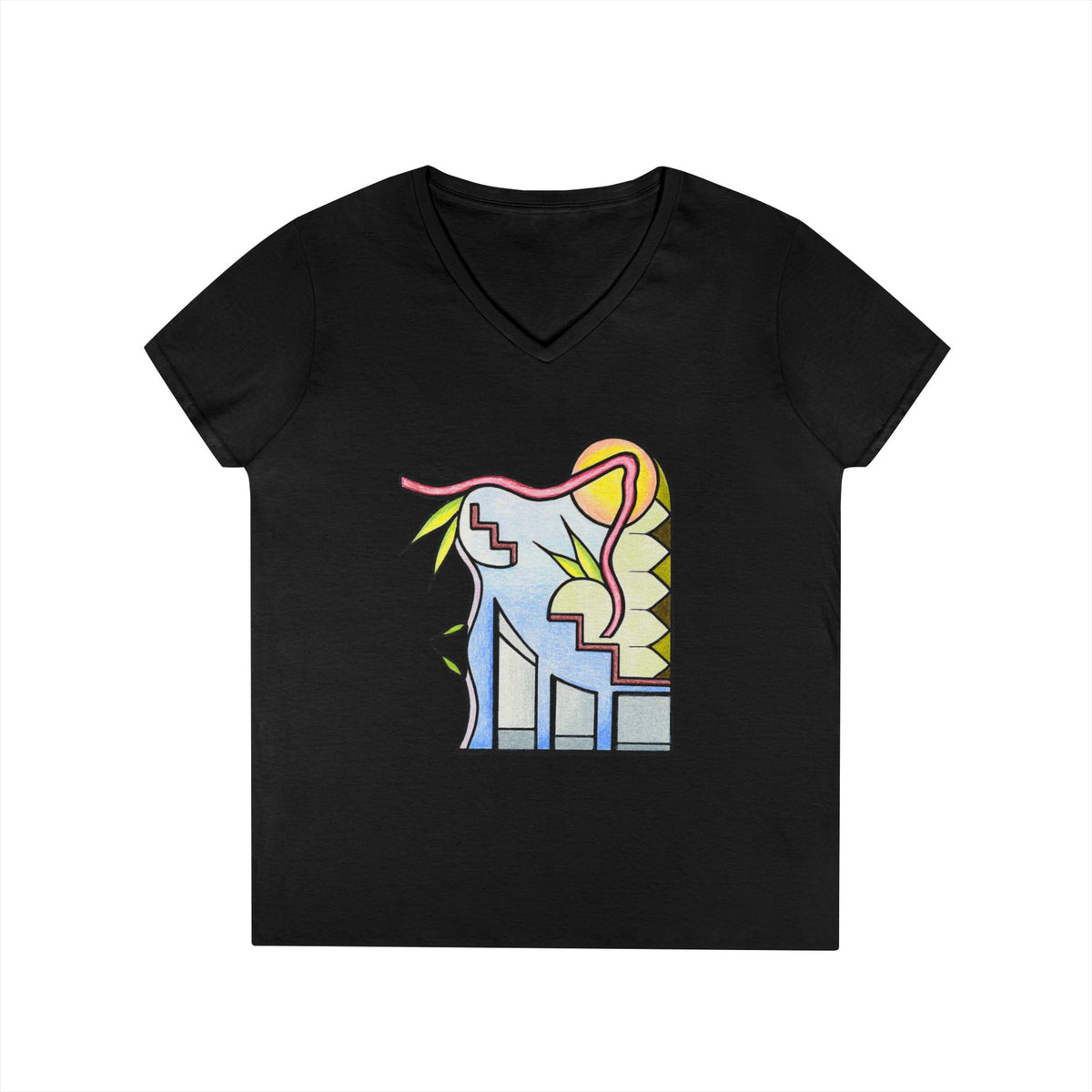Woman's Premium Short Sleeve V-Neck Wearable Art | Sunrise Cityscape
