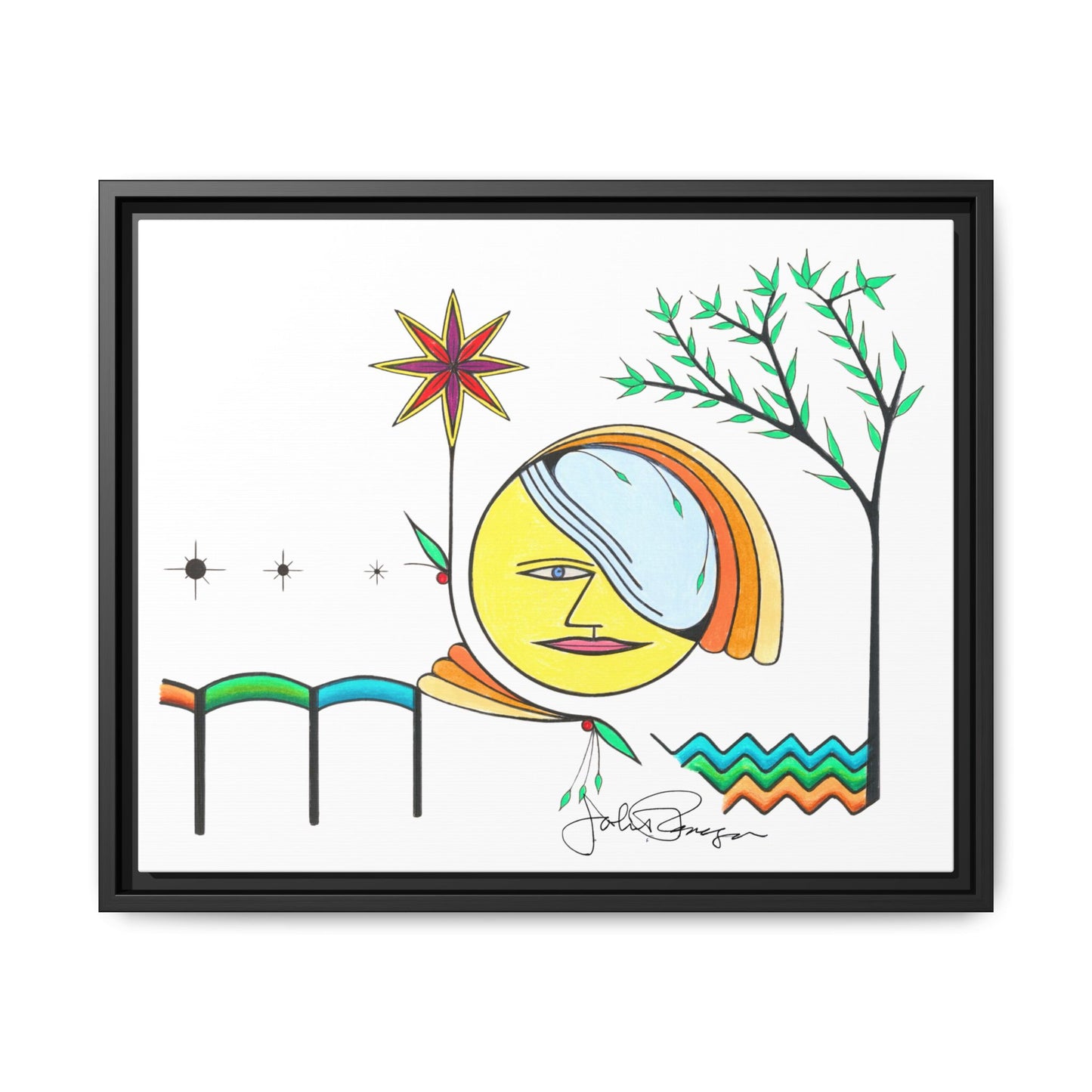 Framed Matte Canvas Art – Colorful Abstract Sun & Star Illustration