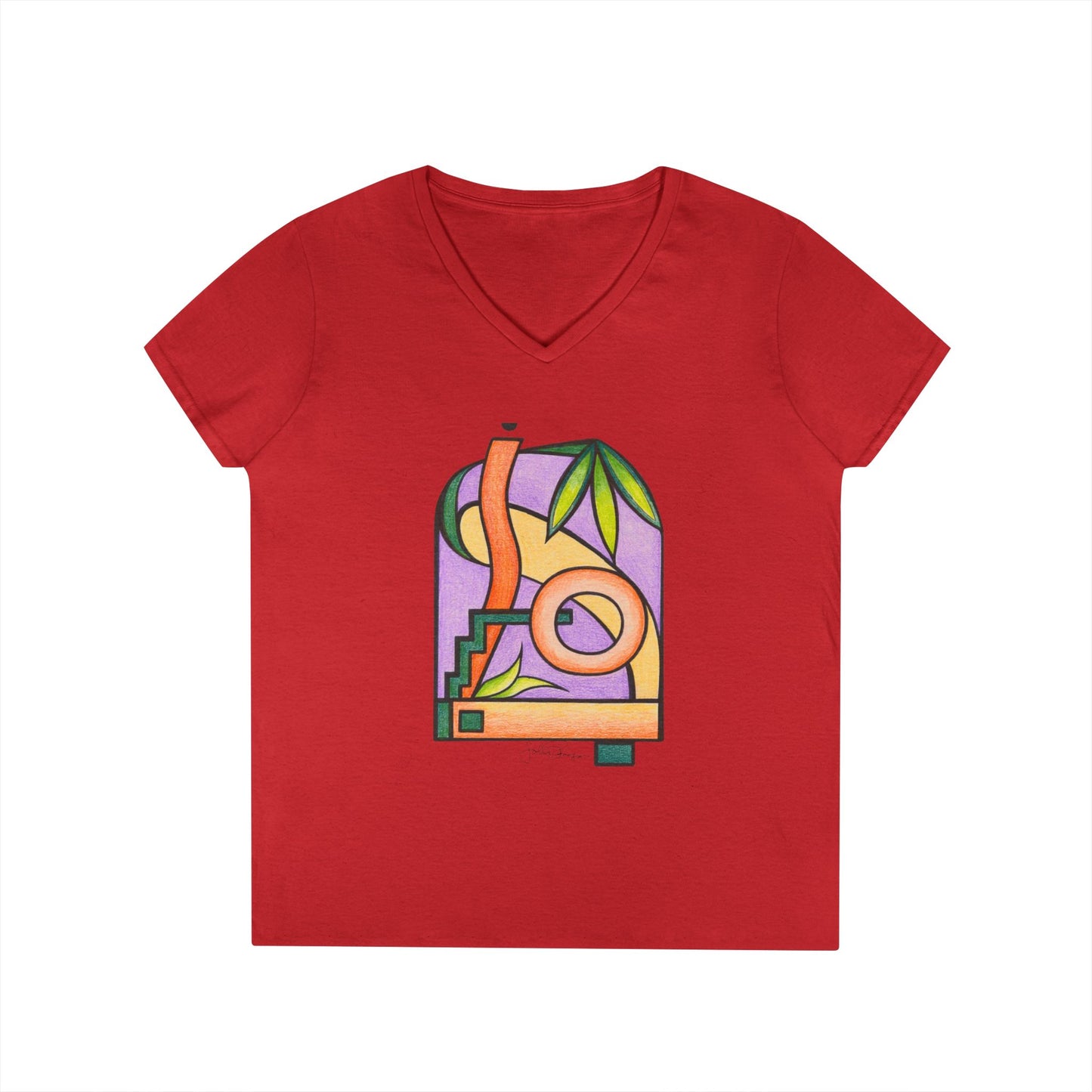 Woman's Premium Short Sleeve V-Neck Wearable Art | Colorful Geometric Palm Design