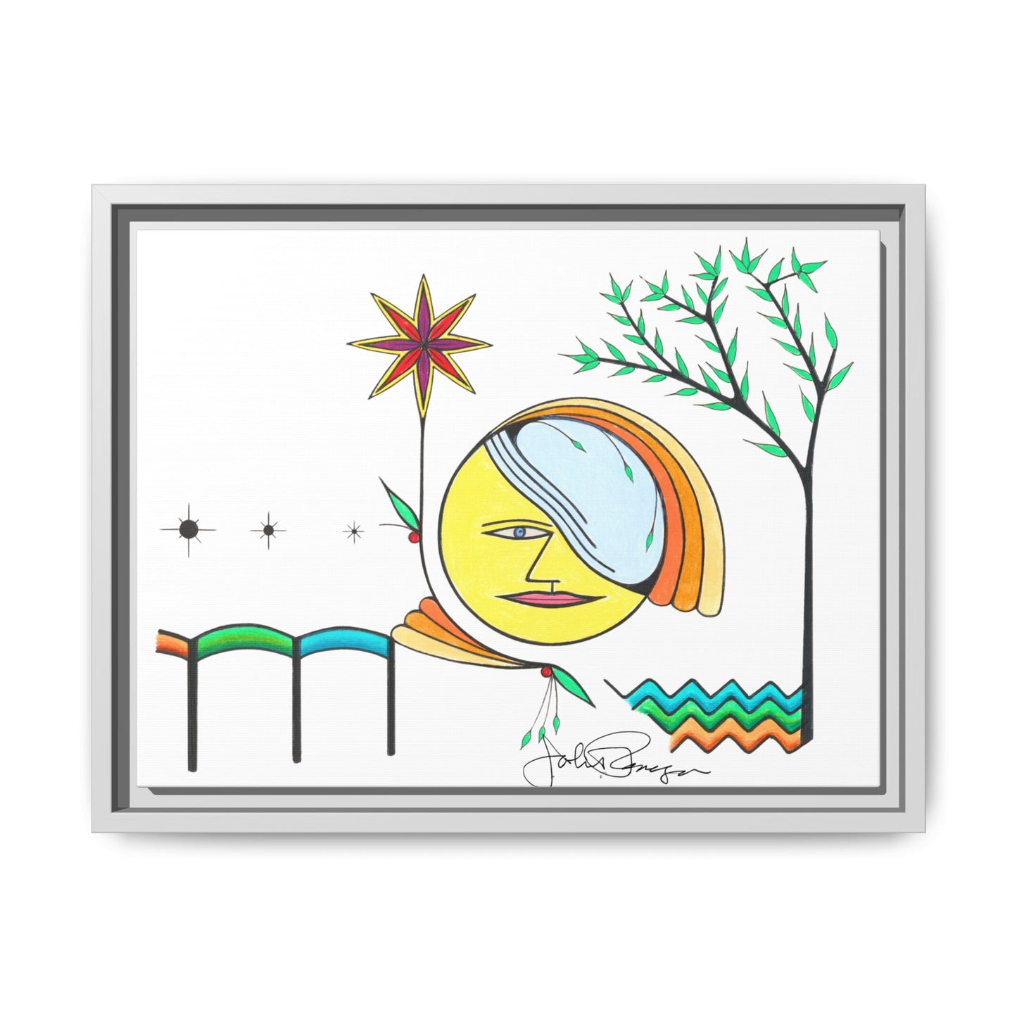 Framed Matte Canvas Art – Colorful Abstract Sun & Star Illustration