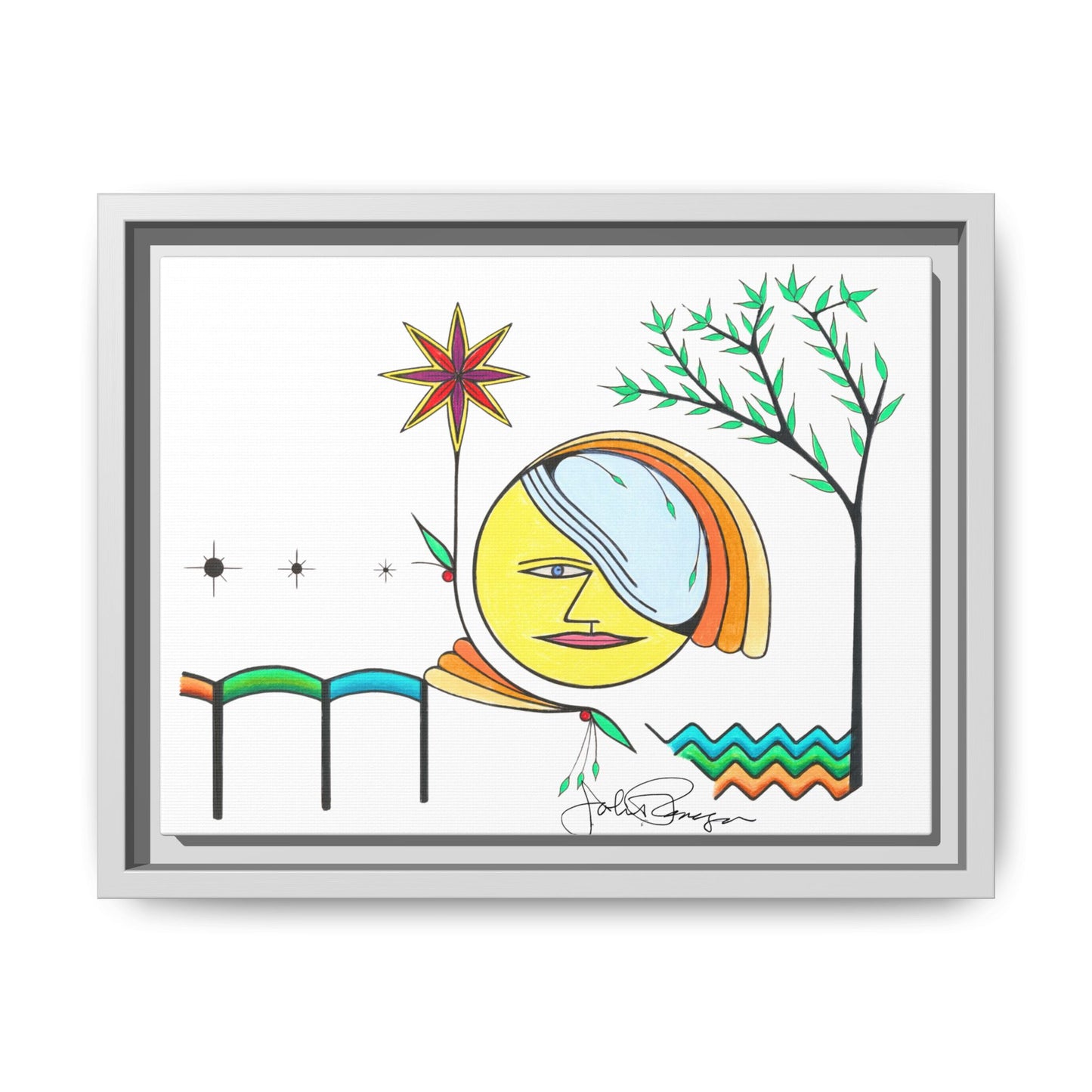 Framed Matte Canvas Art – Colorful Abstract Sun & Star Illustration