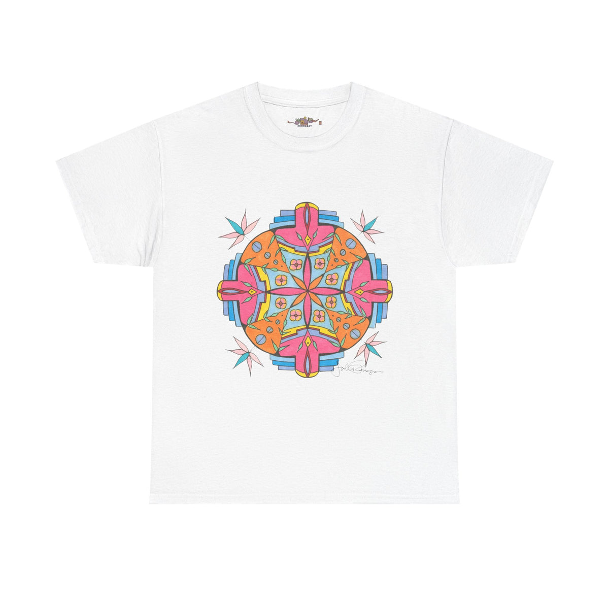 A white short-sleeve crewneck t-shirt featuring a colorful, symmetrical mandala-style graphic printed on the chest. The graphic contains pink, orange, yellow, and blue geometric and floral elements.  Shirt available in different colors.