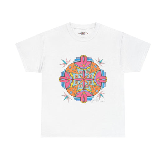 A white short-sleeve crewneck t-shirt featuring a colorful, symmetrical mandala-style graphic printed on the chest. The graphic contains pink, orange, yellow, and blue geometric and floral elements.  Shirt available in different colors.
