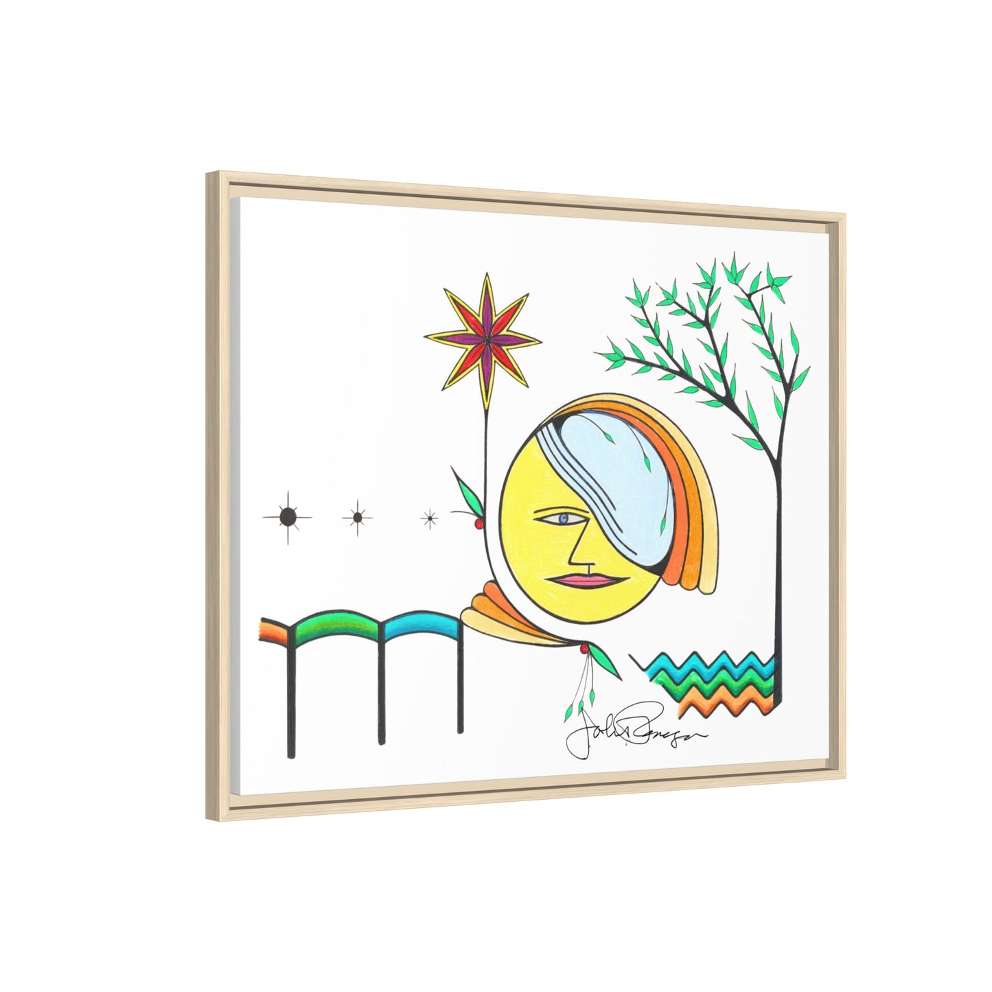 Framed Matte Canvas Art – Colorful Abstract Sun & Star Illustration