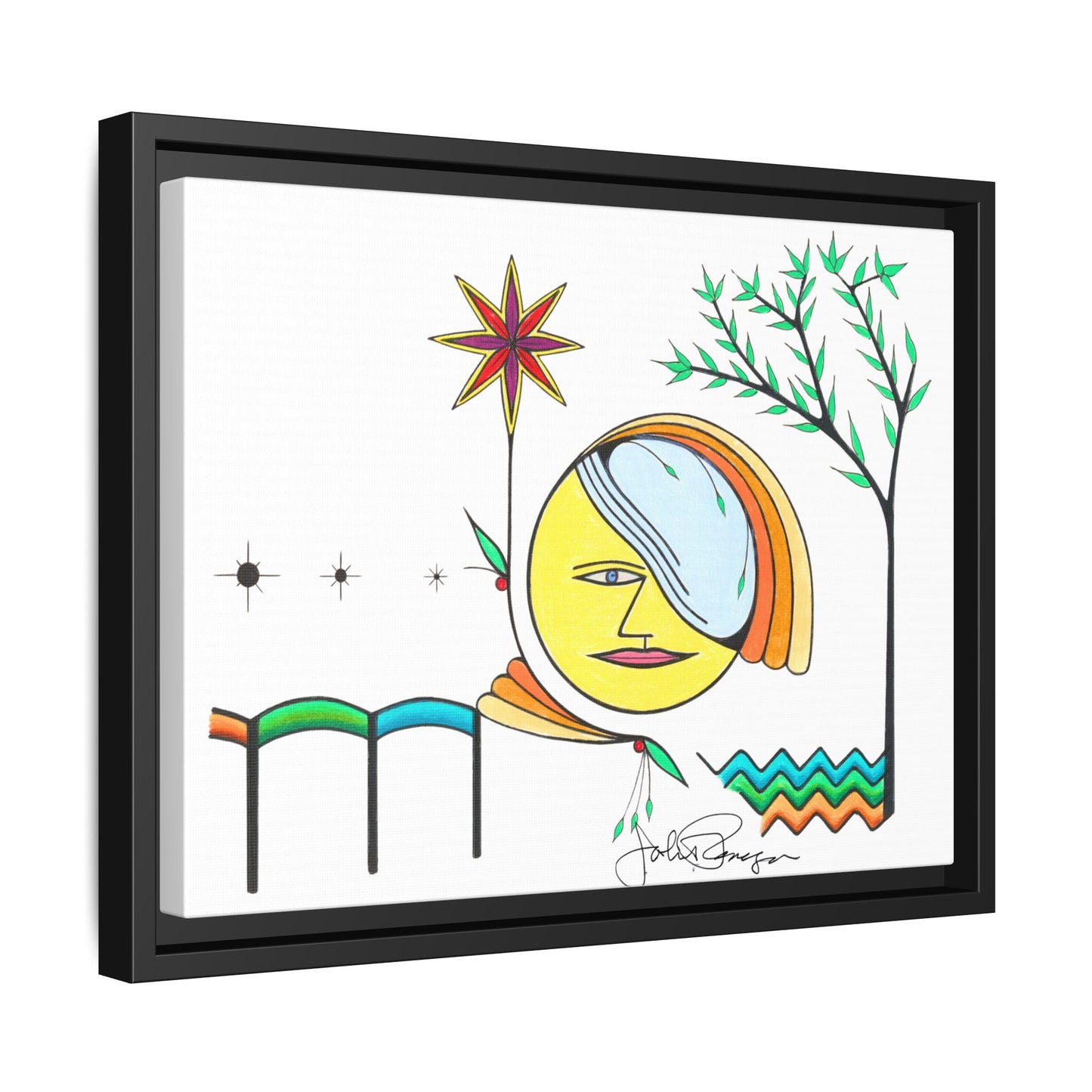Framed Matte Canvas Art – Colorful Abstract Sun & Star Illustration