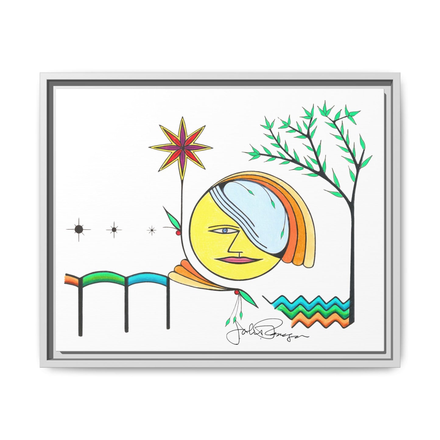 Framed Matte Canvas Art – Colorful Abstract Sun & Star Illustration