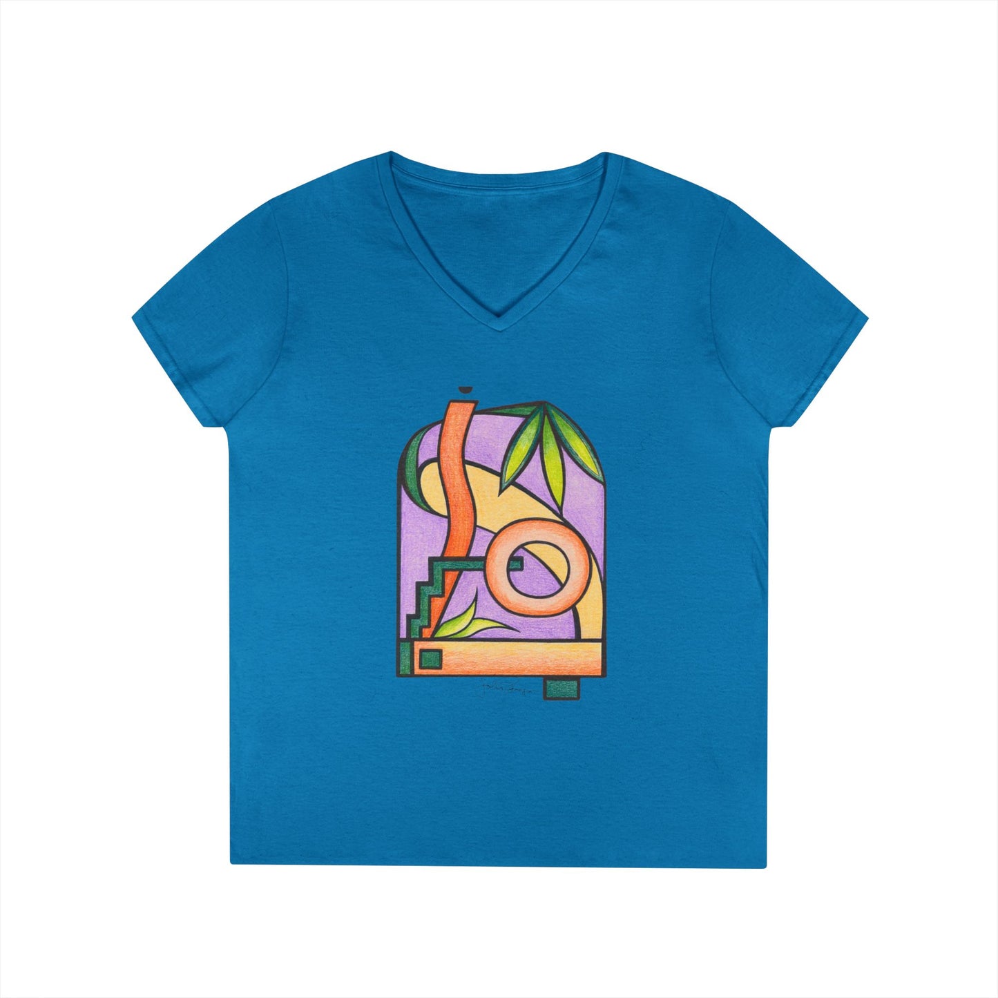 Woman's Premium Short Sleeve V-Neck Wearable Art | Colorful Geometric Palm Design