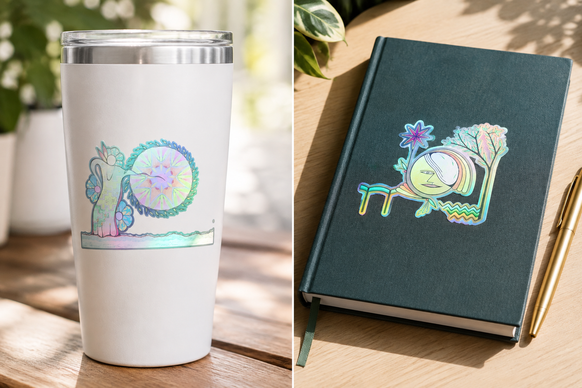 Custom Holographic & Matte Vinyl Sticker Sheets | Whimsical Desert Harmony