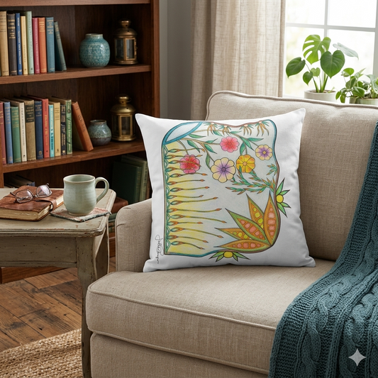 A square white throw pillow with a colorful botanical and floral illustration, resting on a beige fabric armchair in a cozy living room setting.