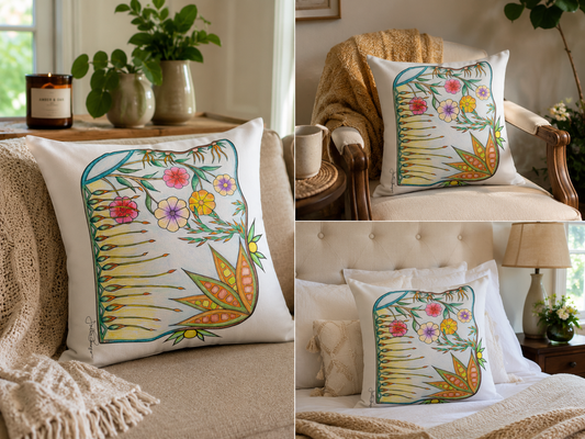 Three lifestyle views of a square white throw pillow with a colorful botanical border design featuring pink, yellow, and orange flowers and green leaves, styled on a sofa, armchair, and bed.