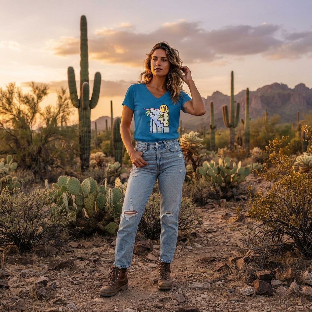 Woman's Premium Short Sleeve V-Neck Wearable Art | Sunrise Cityscape