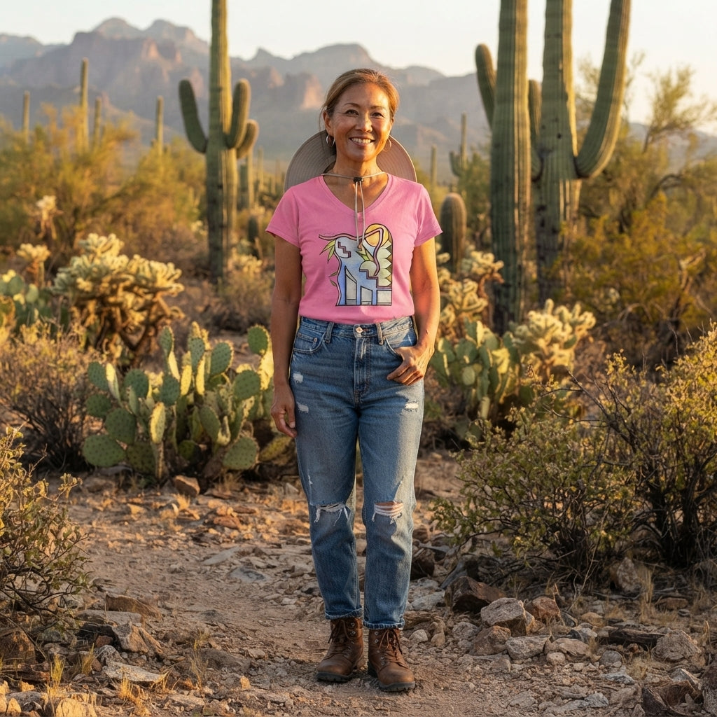 Woman's Premium Short Sleeve V-Neck Wearable Art | Sunrise Cityscape