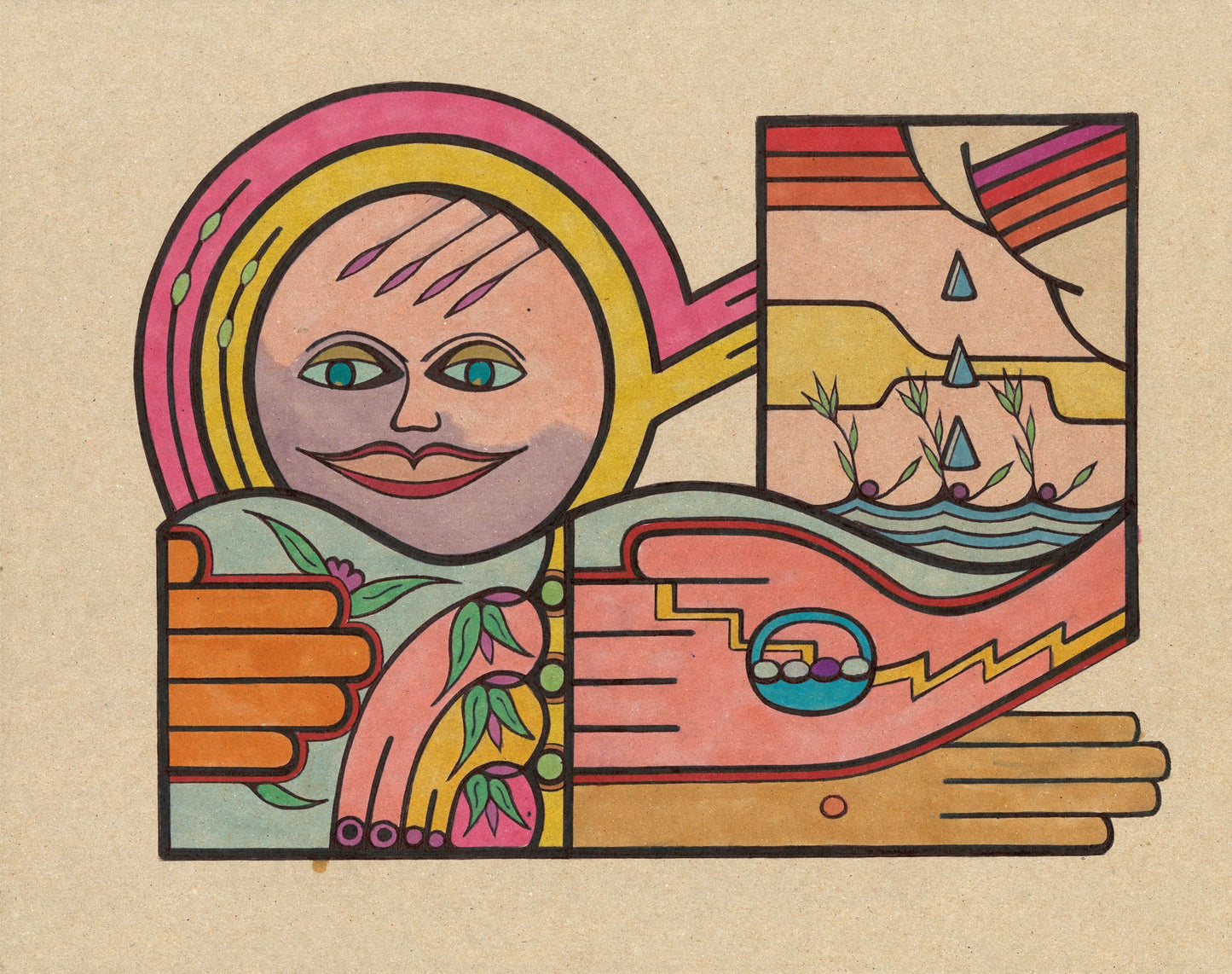 Colorful illustration of a stylized face with abstract elements on a beige background