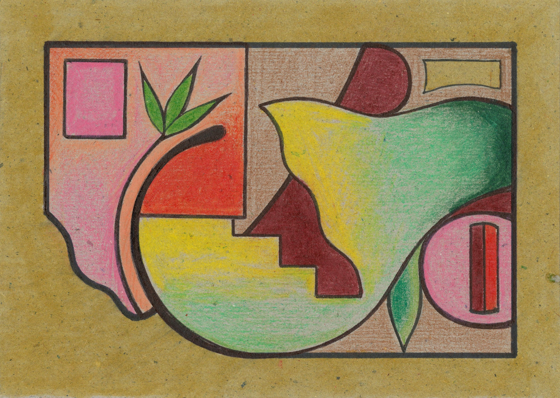 Abstract art piece with colorful shapes that resemble a pear on a textured beige background
