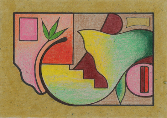 Abstract art piece with colorful shapes that resemble a pear on a textured beige background