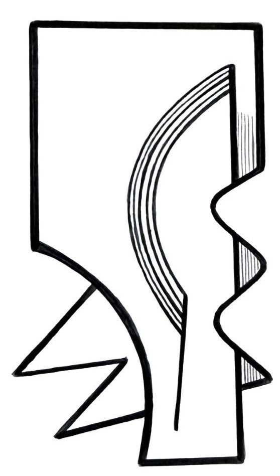 Black and white abstract design with wavy lines and geometric shapes