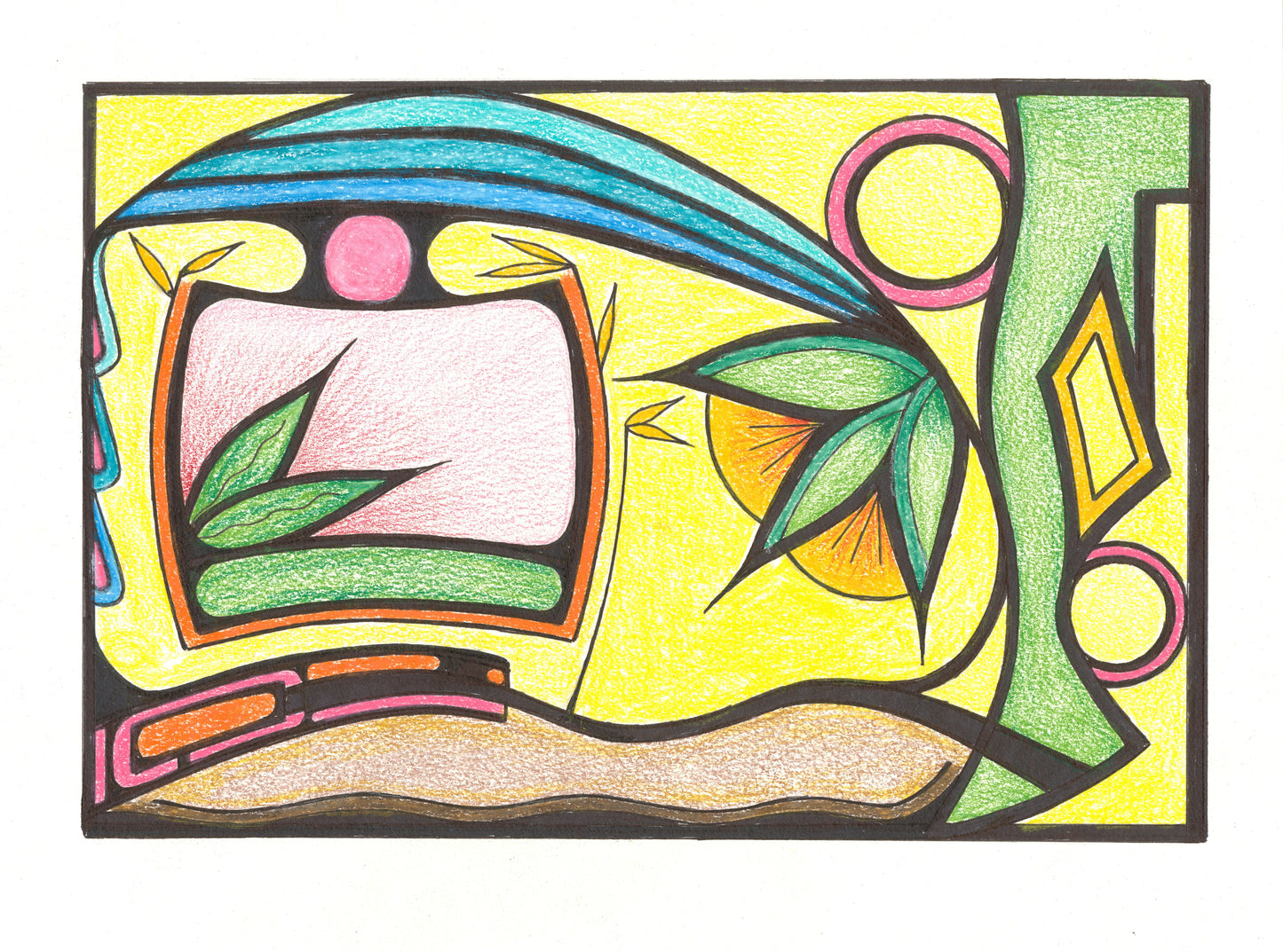 Colorful abstract design with geometric shapes on a yellow background