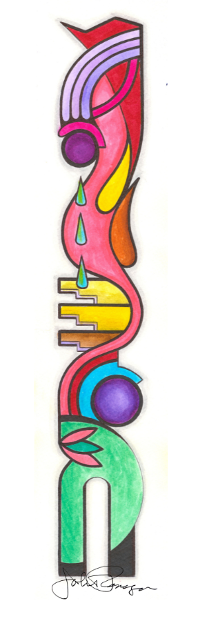 A colorful abstract vertical artwork with flowing curved shapes in red, pink, purple, yellow, green, blue, orange, and black on a white background, signed at the bottom.  Hand drawn by Papa Jack.