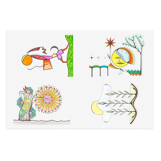 Waterproof Vinyl stickers featuring four whimsical, colorful abstract and decorative illustrations arranged in a 2x2 grid on a white background.  Three versions to choose from